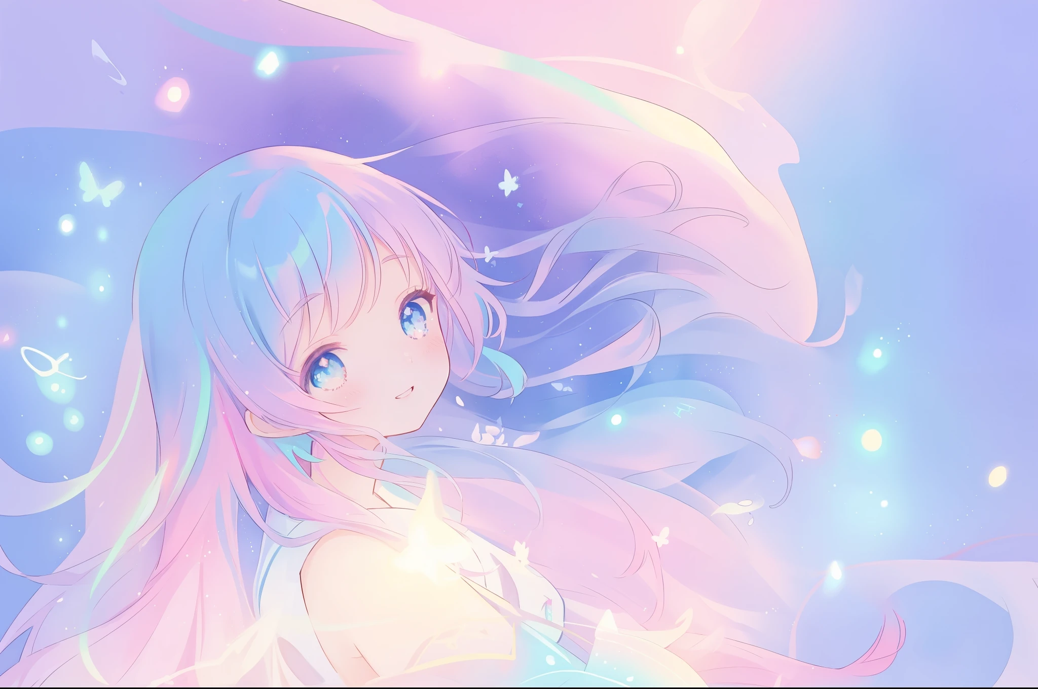 beautiful anime girl, portrait, vibrant pastel colors, (colorful), magical lights, long flowing colorful hair, inspired by Glen Keane, inspired by Lois van Baarle, disney art style, by Lois van Baarle, glowing aura around her, by Glen Keane, jen bartel, glowing lights! digital painting, flowing glowing hair, glowing flowing hair, beautiful digital illustration, fantasia background, whimsical, magical, fantasy, beautiful face, ((masterpiece, best quality)), intricate details, highly detailed, sharp focus, 8k resolution, sparkling detailed eyes, liquid watercolor