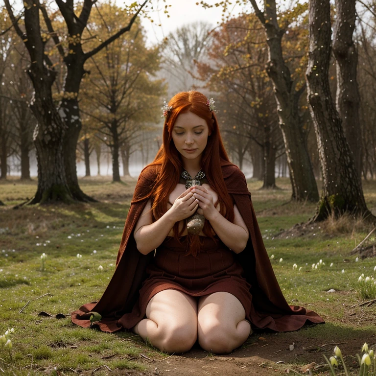 Beautiful firey red haired maiden , in a celtic winter woodland, she embodies the goddess Brigid, brigid's cross, lambs and calves are laying at her feet, snowdrop flowers, winter wheat, mist, magical
