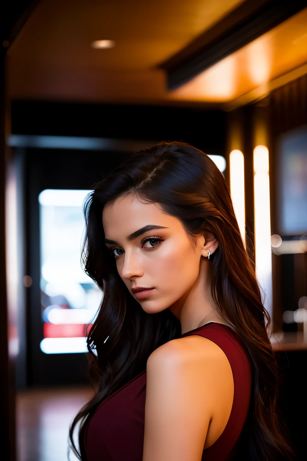 A cinema shot of a French model, her intense expression waiting in a high-end fashion bar, bathed in atmospheric lighting. The model, with her long, sleek dark hair falling over her shoulders, wears an elegant burgundy dress that hugs her curves in all the right places. Her eyes, filled with determination and intensity, lock onto the camera as if daring it to capture her deepest emotions. The scene is set with a 2:1 AR ratio, ensuring a cinematic and immersive experience, making this image a true masterpiece of realism and detail. Filmed using a Canon EOS R5 and Rokinon 24mm f1.4 lens