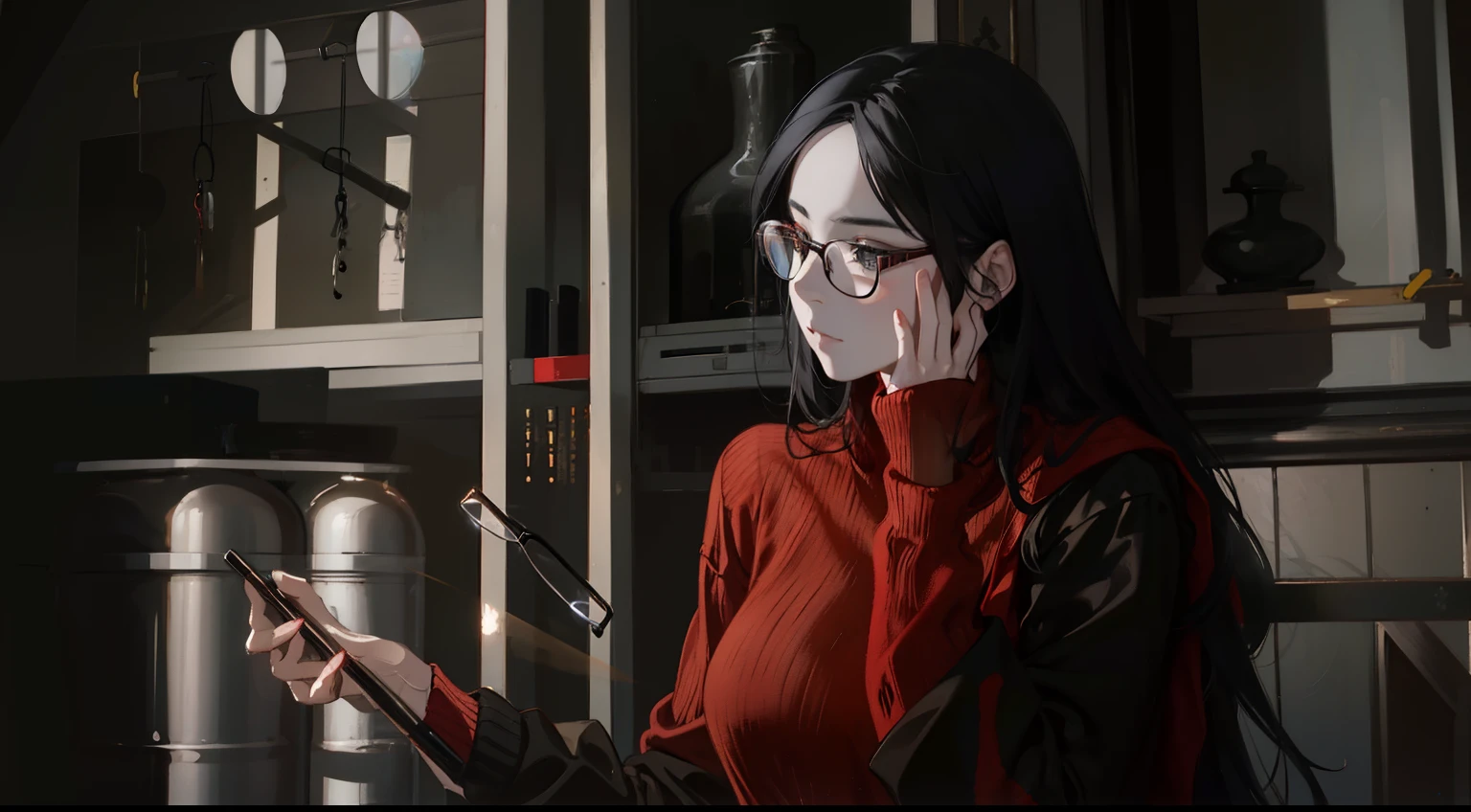 1 female, aldult, Handsome, girl with glasses, Clear glasses, Slim figure, black eyes, black curly hair, Red sweater,Skin color turtleneck, profile, looking down below, Raise your hand, open palm, pout, indoors, kitchen, blurred background