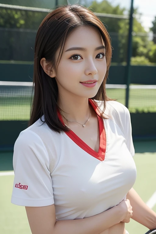 (Looking at camera:1.1), ((sexy Dynamic standing Pose:1.2)), (Beautiful Photorealistic women:1.15) , (she is a Photorealistic beautiful tennis player:1.15), (Perfectly healthy and muscular body, big tits, medium tits:1.2), ((She's wearing tennis wear in tennis coart:1.3)), white wear, (small size:1.1), (8k wallpaper:1.1), Best Quality, Ultra-detailed, finely detail, hight resolution, Perfect dynamic composition, Beautiful detailed eyes, mid-chest, Natural Color Lip, Random and sexy poses, Smile, 22 years beautiful women, tennis coart, holding a tennis racket, Ultra-realistic capture, Highly detailed, High resolution 16k close-up of human skin. Skin texture must be natural, With such detail that pores can be finely identified. Skin should look healthy, In a uniform tone. Use natural light and color、a Japanese actress in her 22s with a bewitchingly beautiful appearance、