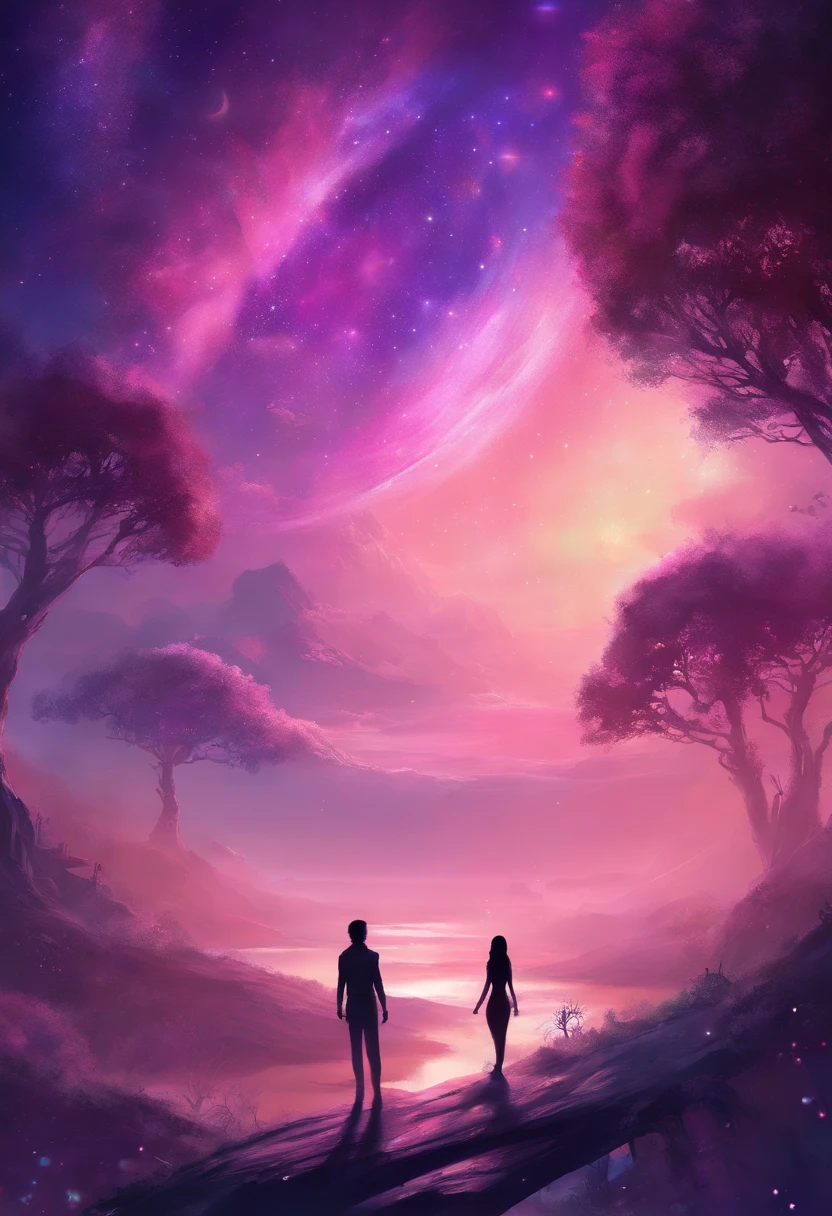 Girl and boy in the distance meeting in the The galaxy , astrals, purples, pinks and blues, and light greens in the sky