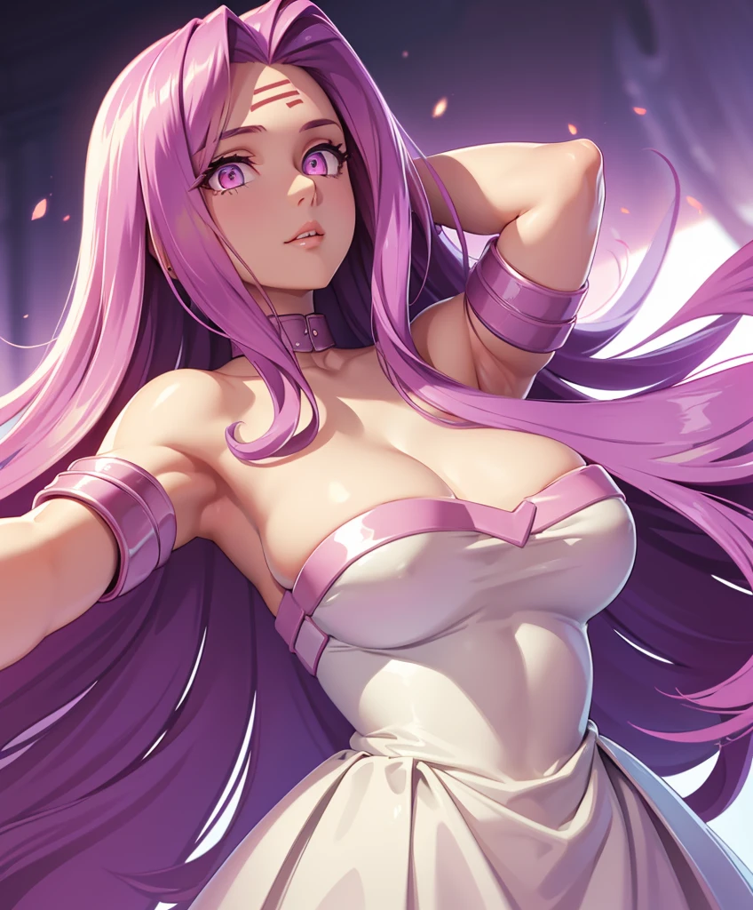 Best quality,Masterpiece,high resolution,Only,{short wedding dress:1.40},{tie:1.20},handsome,{Medusa_FGO:1.15},long_hair,purple_hair,very_long_hair,purple_eyes,breasts,Big_breasts