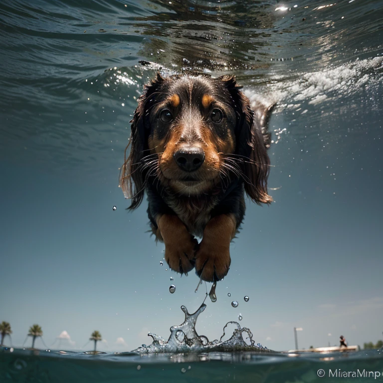 hipermaximalismo, ultra detailed photorealistic A black and tan long haired dachshund is diving below the water surface in the water. this dive is accompanied by a ripple and a large splash of water above the surface., slight skin imperfections and air bubbles coming out of the nose and mouth, finalrender