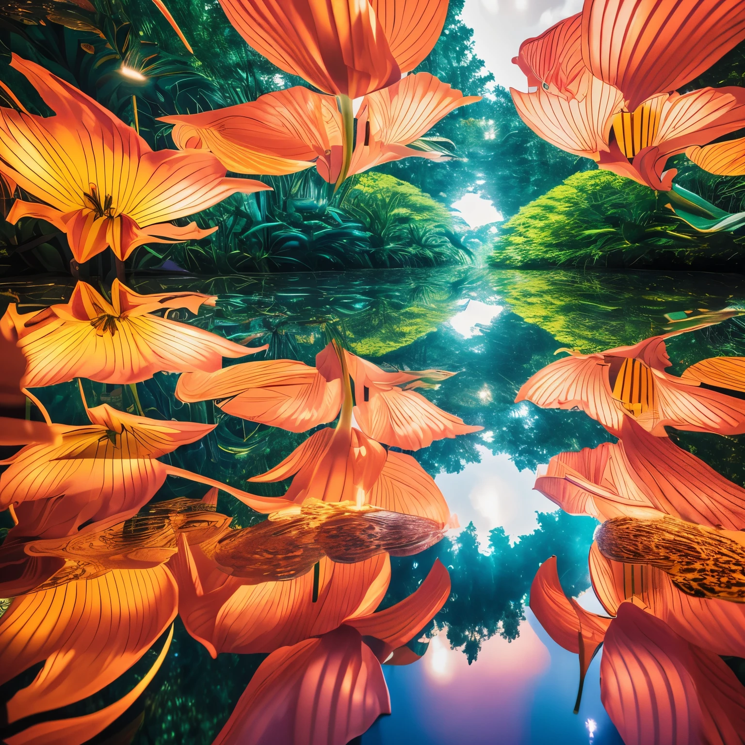 best quality, 32k, RAW photo, incredibly absurdres, extremely detailed, optical Illusions, trompe l'oeil, surrealism, perspective, elevation, up and down, left and right, mirrored room, single light orange-pink lily flower, delicate, flashy and dynamic depiction, image processing with mysterious effects