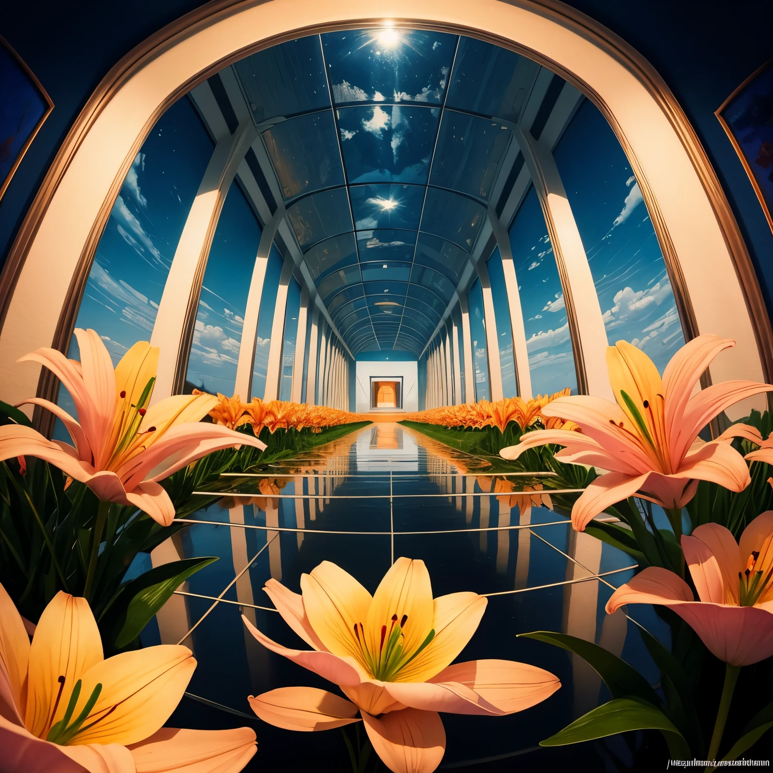 best quality, 32k, RAW photo, incredibly absurdres, extremely detailed, optical Illusions, trompe l'oeil, surrealism, perspective, elevation, up and down, left and right, mirrored room, single light orange-pink lily flower, delicate, flashy and dynamic depiction, image processing with mysterious effects