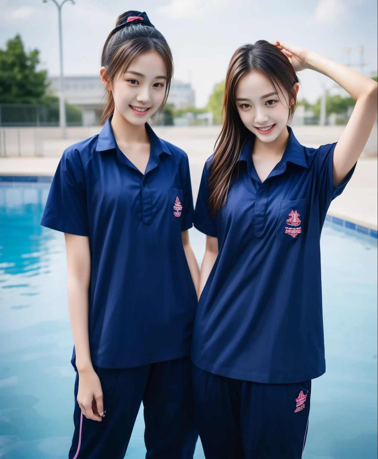 2 young women in the swimming pool, Navy blue short-sleeved shirt,Navy Long Trackpant,Sweatpants, Sweatpantsขายาว,25 year old girl, lesbian, sexy, exercise clothes, Sweating, เหงื่อsexy, Sexual arousal, Wet body