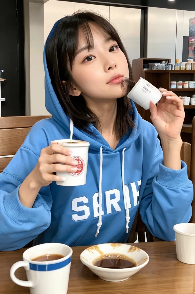 Dressed in a white hoodie and jeans, at Starbucks Coffee, drinking coffee. Top Quality, Photorealistic, 8k, High Definition, 1 Girl, Female, (Medium: 1.8), F1, Lace Queen, Skirt Boldly Rolled Up, At Work, (((Sit at a desk and open your legs wide)), Open your legs with your knees bent, Little short hairstyle, Stockings, Cleavage, Slender,