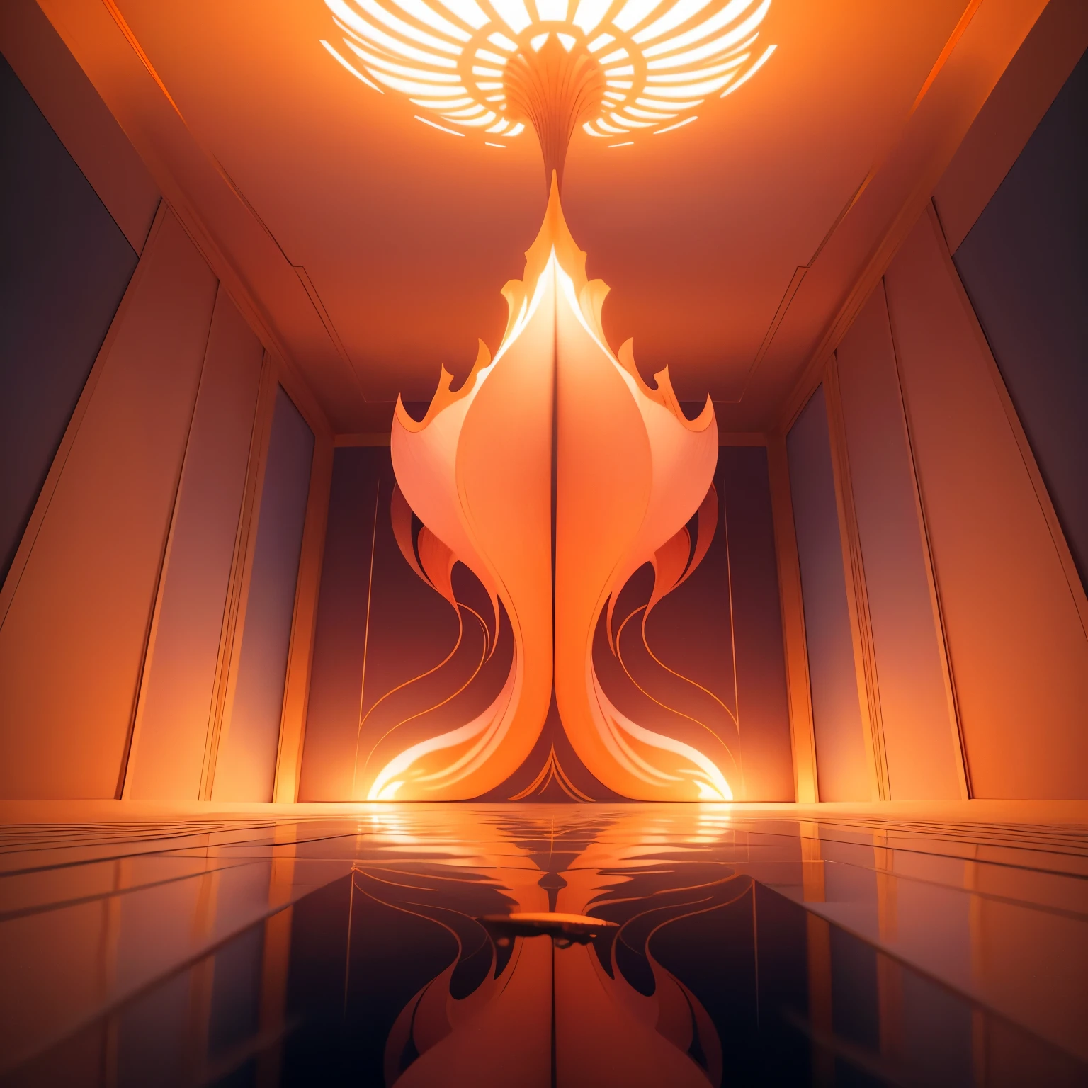 best quality, 32k, RAW photo, incredibly absurdres, extremely detailed, optical Illusions, trompe l'oeil, surrealism, perspective, elevation, up and down, left and right, mirrored room, single light orange-pink lily flower, delicate, flashy and dynamic depiction, image processing with mysterious effects