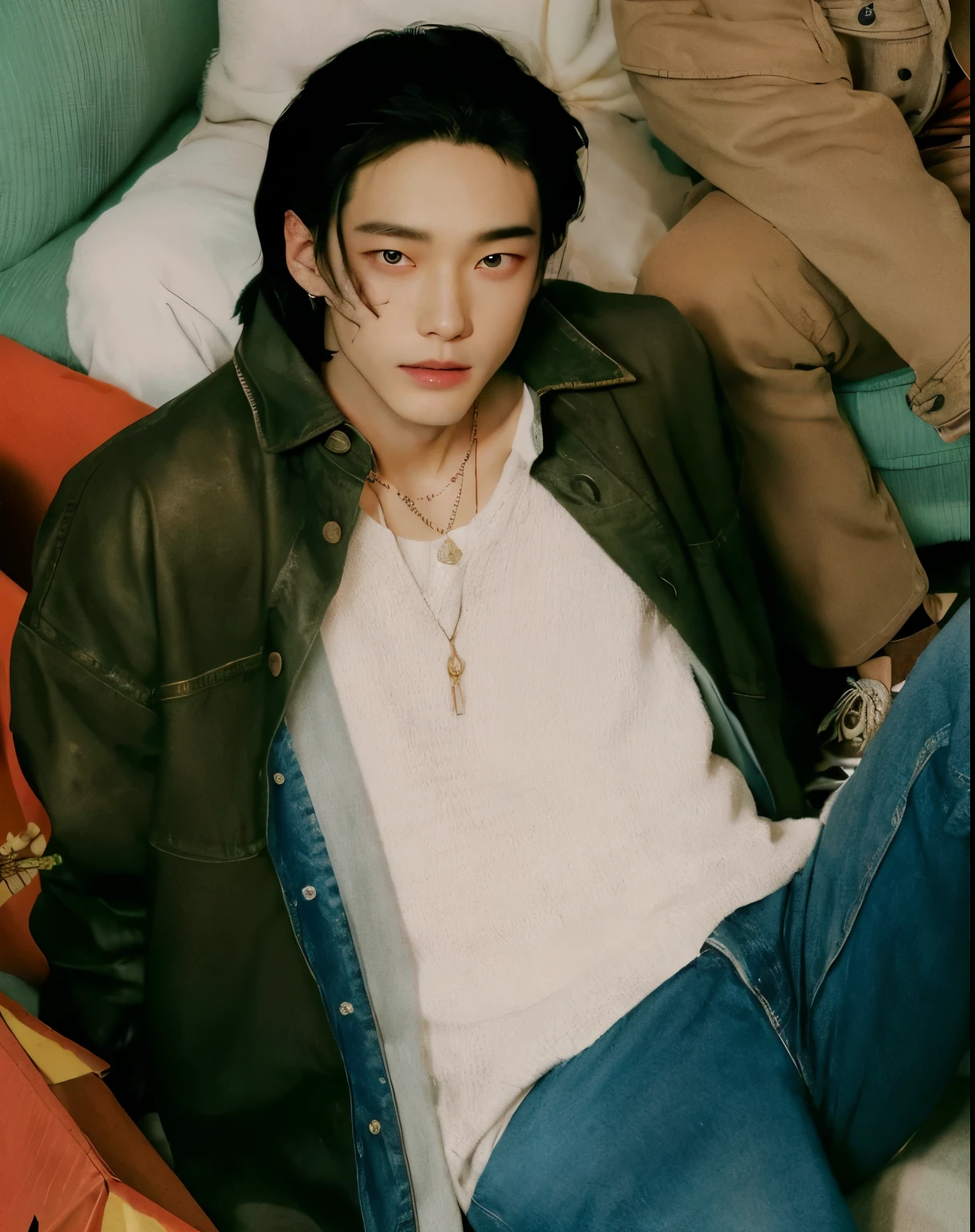 Mejorar calidad Hombre arafed con un chaleco negro acostado en una cama., delicate androgynous prince, Jung Jaehyun, Jimin, jinyoung shin, Cai Xu Kun, park Jimin, beautiful androgynous prince, eso, para gq, kim doyoung, hyung tae, revista vman, editorial oficial de vuitton, foto de la revista vogue, inspirado por Zhang Han, androgynous man