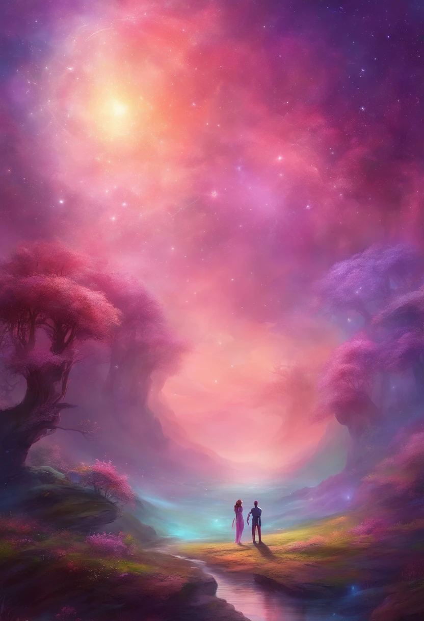 Woman and man in the distance meeting in the The galaxy , astrals, purples, pinks and blues and light greens 