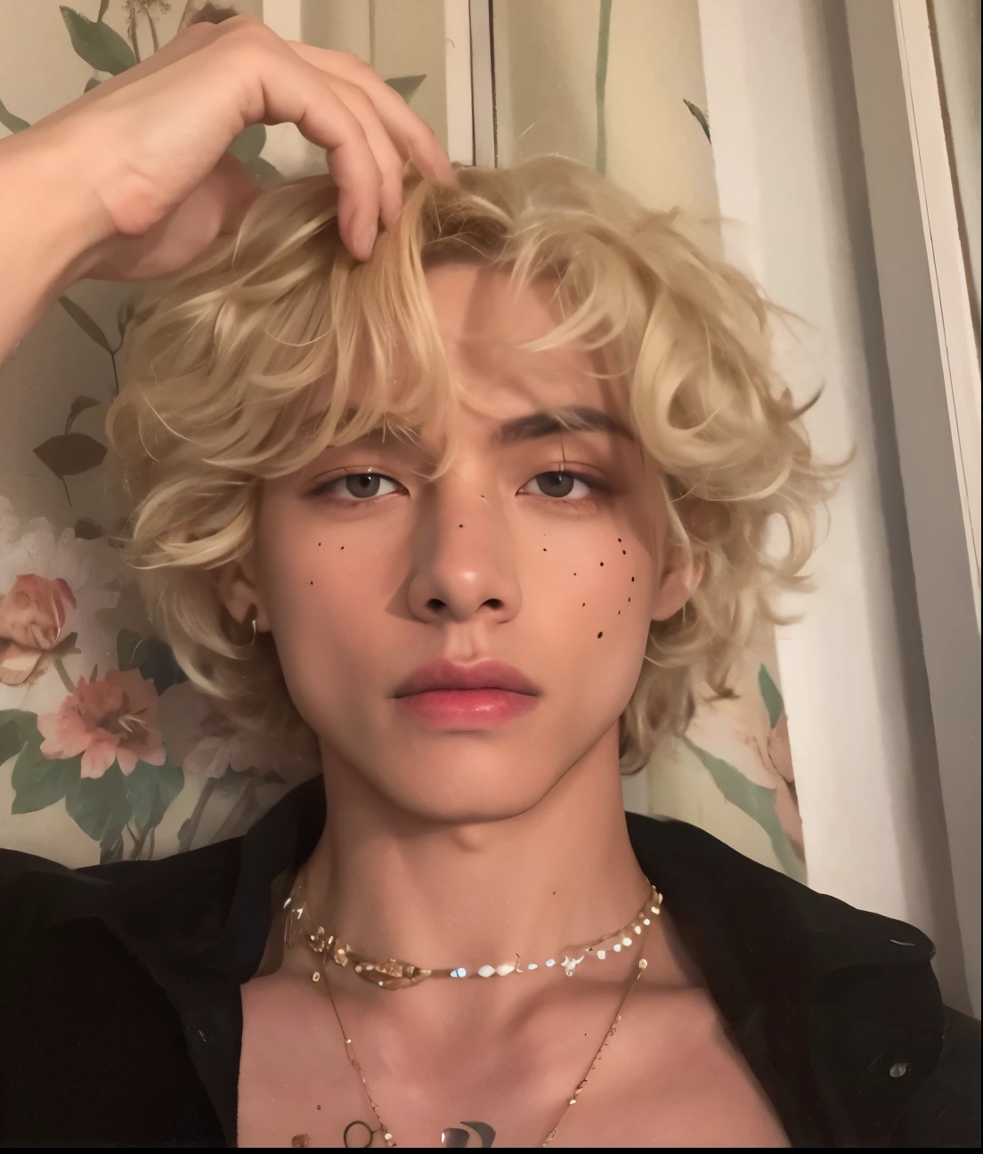 Hombre rubio con un tatuaje en el pecho y un collar en el cuello., an epic non-binary model, pale skin curly blonde hair, androgynous face, delicate androgynous prince, androgynous person, beautiful androgynous prince, beautiful androgynous girl, modelo no binario, androgynous man, pecas blancas, chico rubio con ojos amarillos