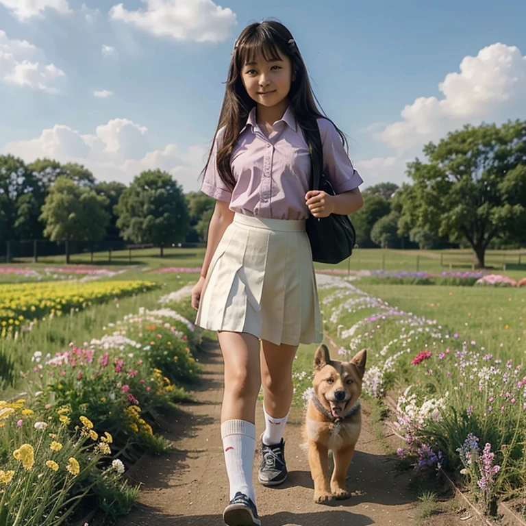 A beautiful with Asian features dressed as a schoolgirl with short socks accompanied by an adorable puppy walking through a field of flowers