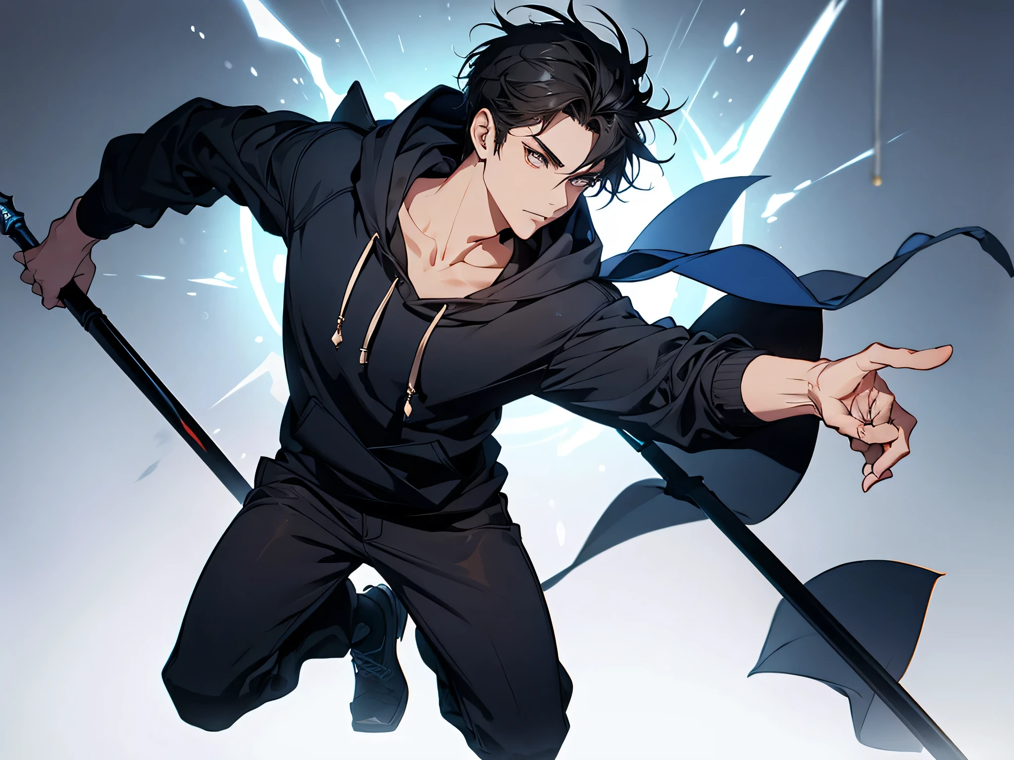 1 man, black hair, short hair, wearing blue hoodie and long pants, holding a spear on his right hand, face to detail, detailed eyes, perfect hands, lancer pose, the background is dungeon, full body illustration