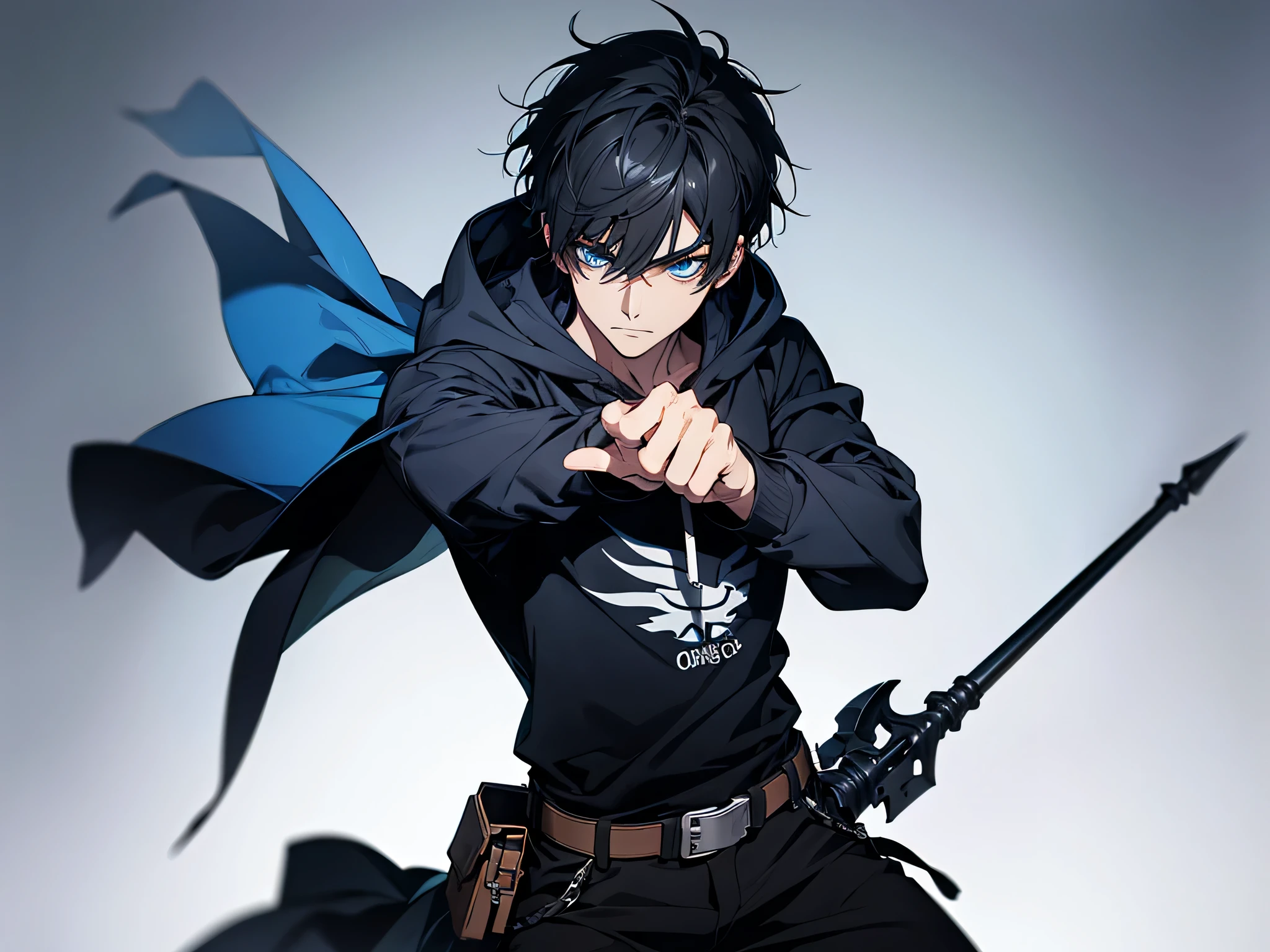 1 man, black hair, short hair, wearing blue hoodie and long pants, holding a spear on his right hand, face to detail, detailed eyes, perfect hands, lancer pose, the background is dungeon, full body illustration