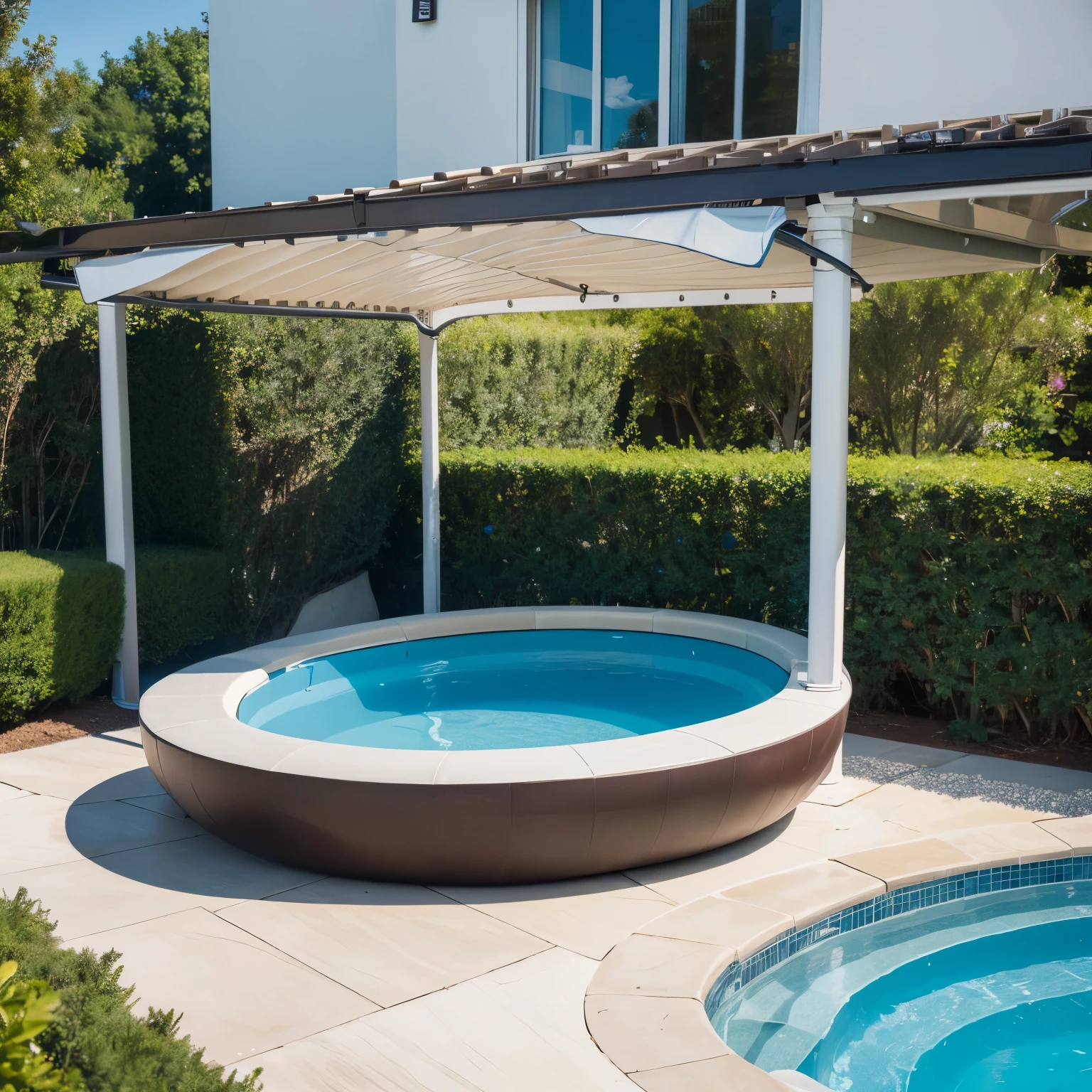 An outdoor irregular curved pool,Awning with chairs for resting,