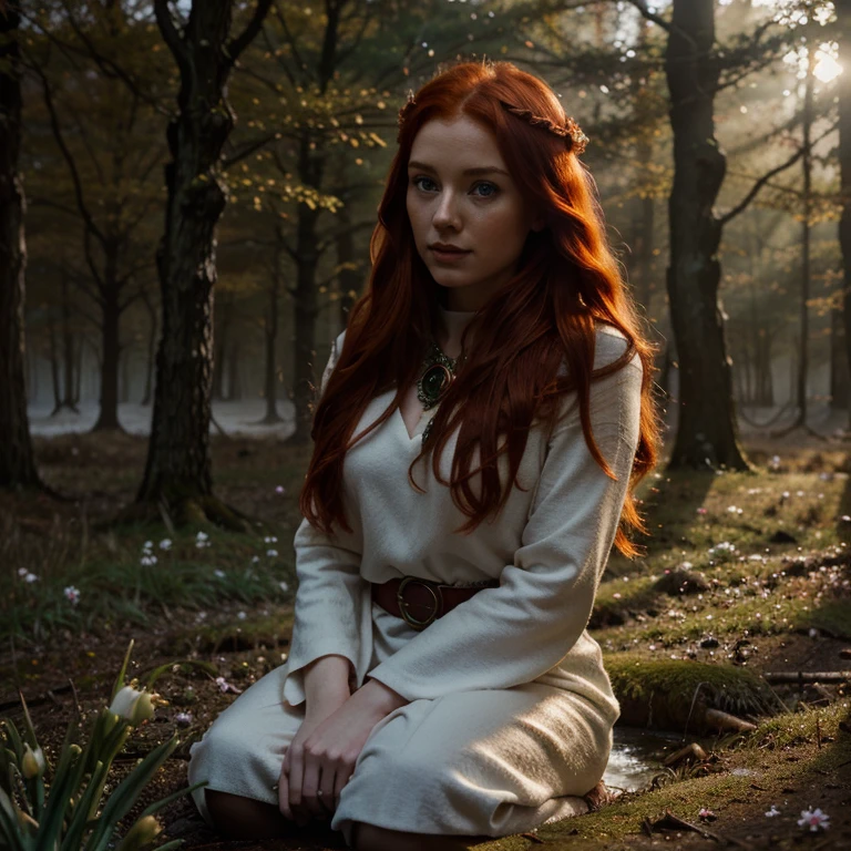 Beautiful firey red haired maiden , in a celtic winter woodland, she embodies the goddess Brigid, snowdrop flowers, mist, magical lighting