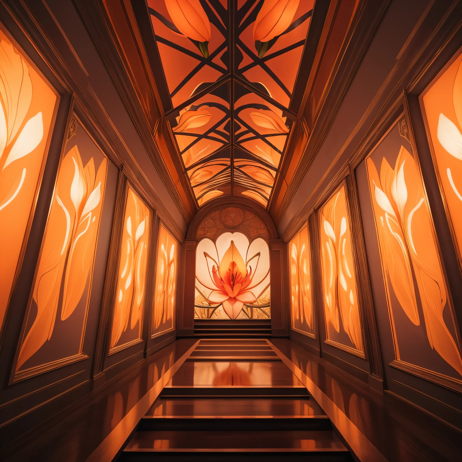 best quality, 32k, RAW photo, incredibly absurdres, extremely detailed, optical Illusions, trompe l'oeil, surrealism, perspective, elevation, up and down, left and right, mirrored room, single light orange-pink lily flower, delicate, flashy and dynamic depiction, image processing with mysterious effects