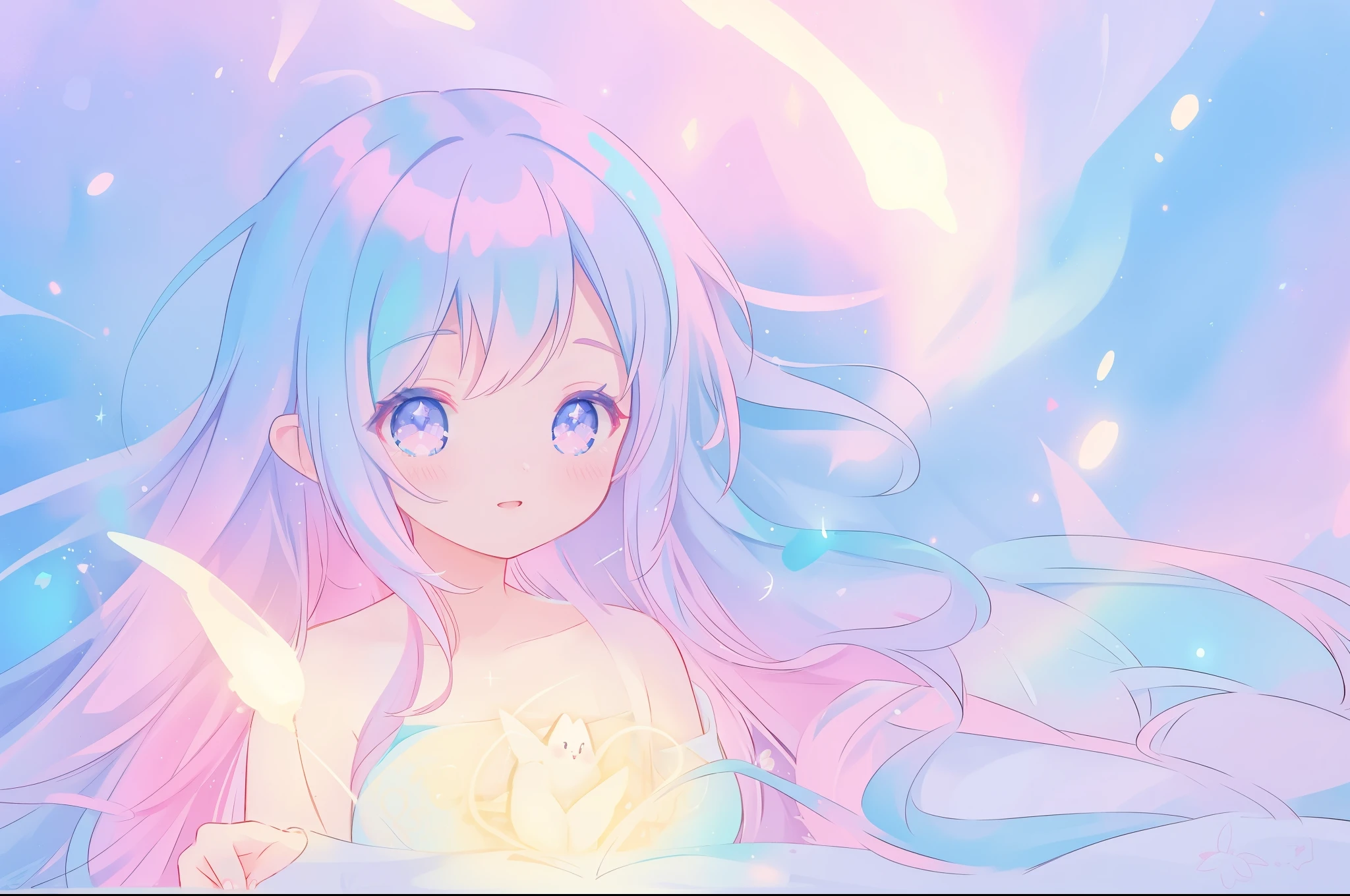 beautiful anime girl, portrait, vibrant pastel colors, (colorful), magical lights, long flowing colorful hair, inspired by Glen Keane, inspired by Lois van Baarle, disney art style, by Lois van Baarle, glowing aura around her, by Glen Keane, jen bartel, glowing lights! digital painting, flowing glowing hair, glowing flowing hair, beautiful digital illustration, fantasia background, whimsical, magical, fantasy, beautiful face, ((masterpiece, best quality)), intricate details, highly detailed, sharp focus, 8k resolution, sparkling detailed eyes, liquid watercolor