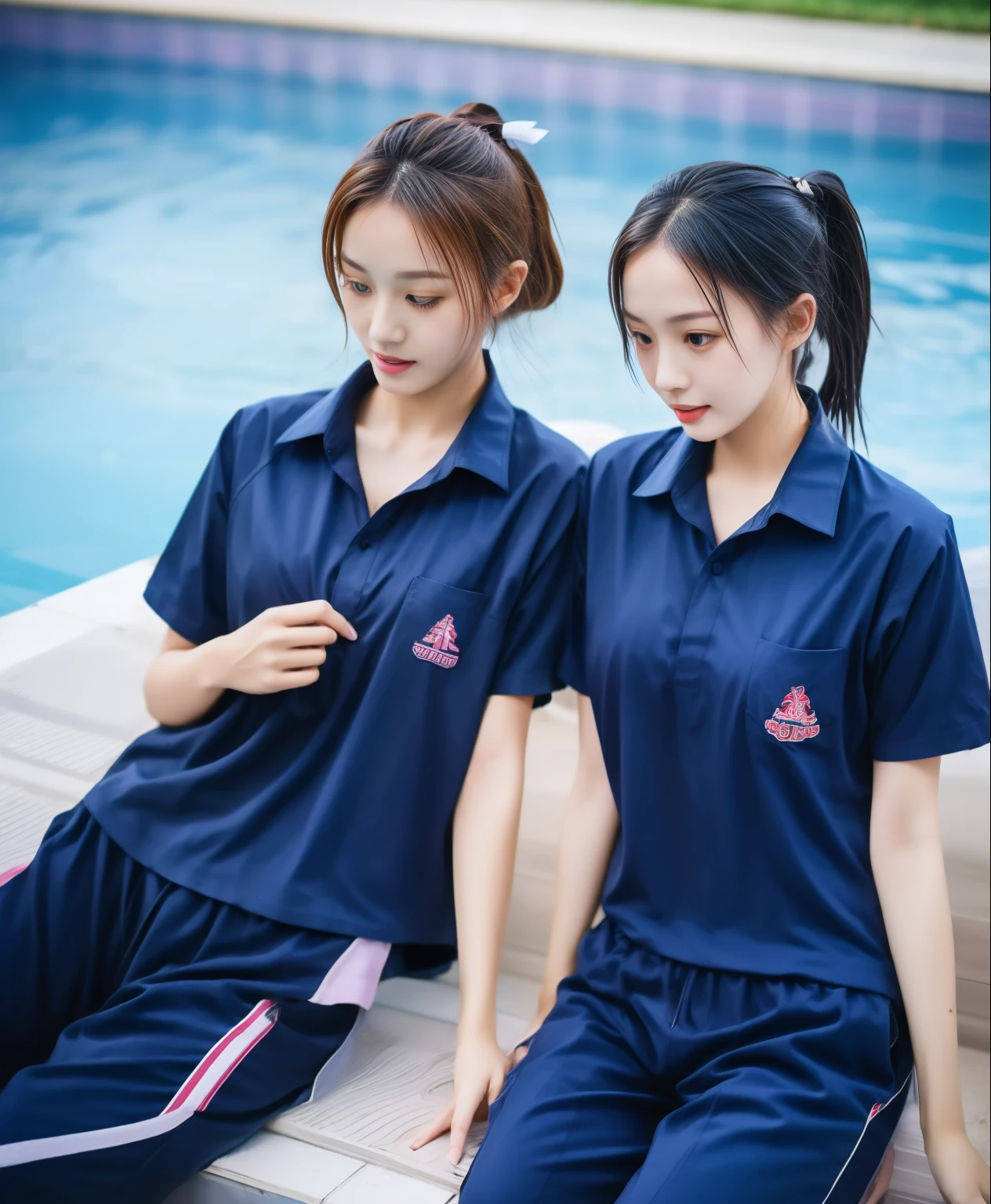 2 girls in the swimming pool, Navy blue short-sleeved shirt,Navy Long Trackpant,Sweatpants, Sweatpantsขายาว,25 year old girl, lesbian, sexy, exercise clothes, Wet body
