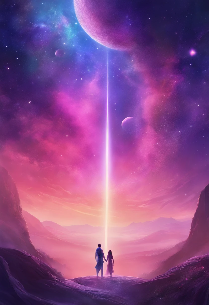 Woman and tall man in the distance meeting in the The galaxy , astrals, purples, pinks and blues and light greens 