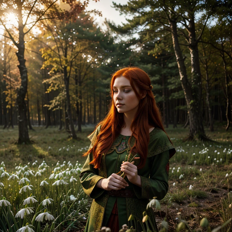 Beautiful firey red haired maiden , in a celtic winter woodland, she embodies the goddess Brigid, snowdrop flowers burst through patches of dnow, mist, magical lighting