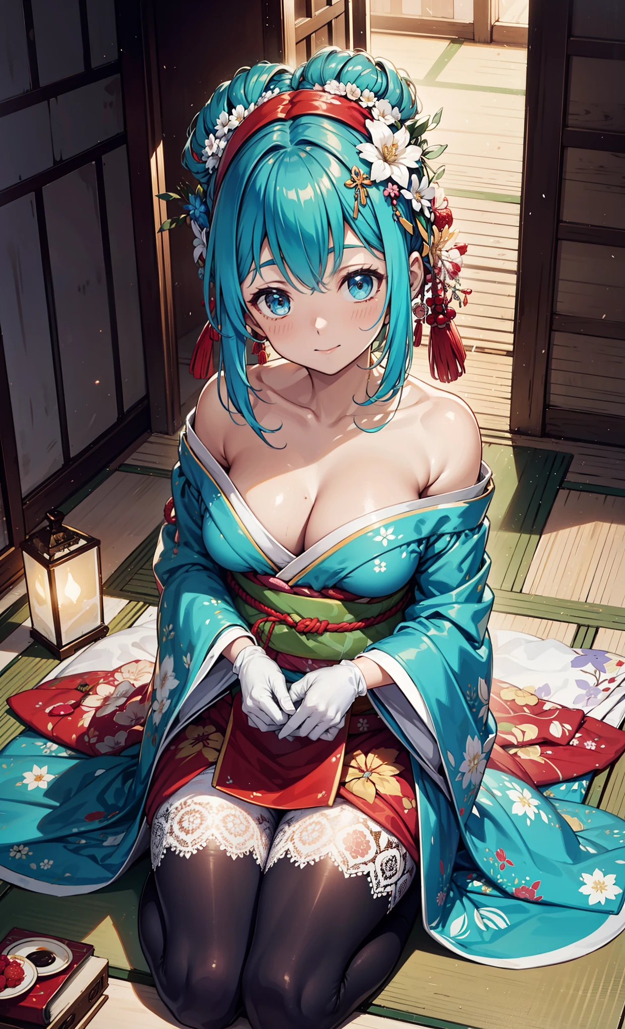 {{{{masterpiece}}}}, {{{Super detailed}}}, {{{high definition}}}, {{good anatomy}}, (((best quality))), ((very delicate and beautiful)), {{Very detailed and refined}}, {8k CG wallpaper}, {{light}}, (floral pattern:1.1),There are many kinds of patterns that appear on clothes,(Color difference:1.2),Playful clothing style,(Young God's face), (1 cute and slightly plump girl:1), having fun,obsessed,solo, Oiran, (japanese clothes,:1.2),black gloves,lace pantyhose, Medium curve,night,light,shine,tempting pose