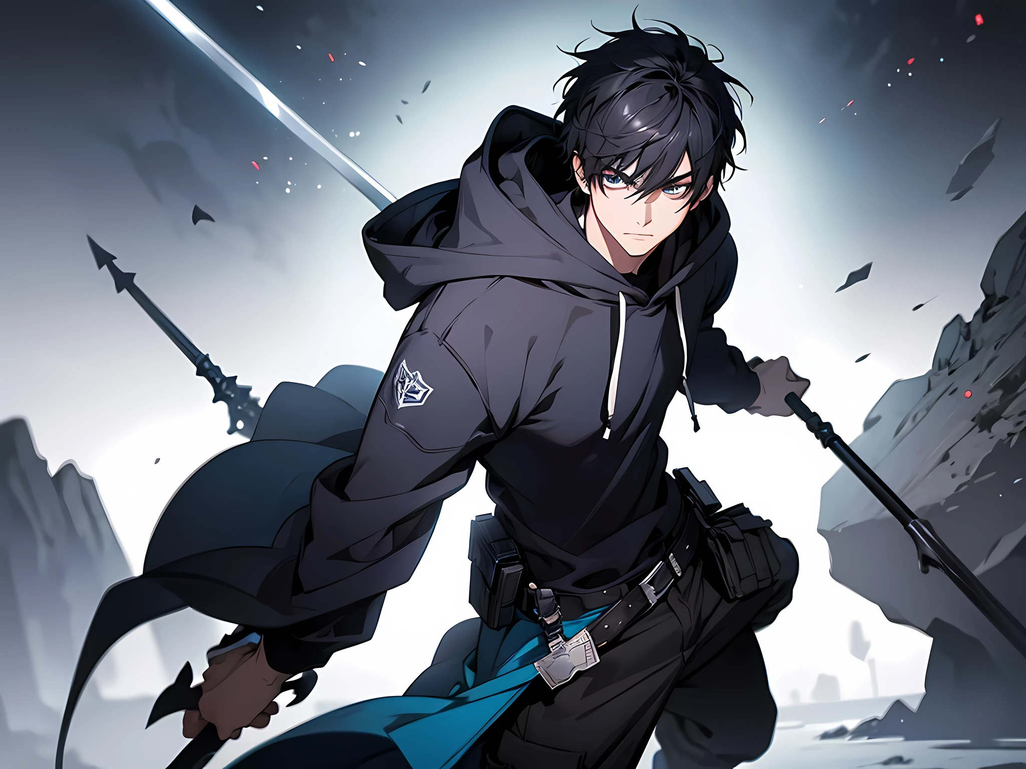 1 man, black hair, short hair, wearing blue hoodie and long pants, holding a spear on his right hand, face to detail, detailed eyes, perfect hands, lancer pose, the background is dungeon, full body illustration