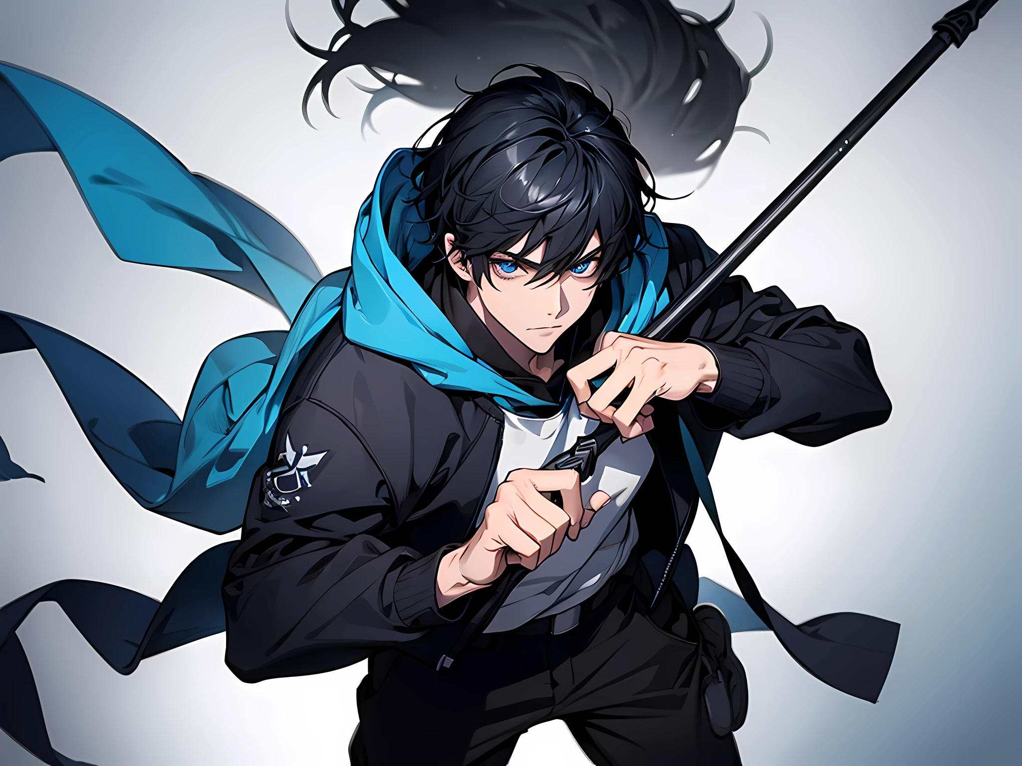 1 man, black hair, short hair, wearing blue hoodie and long pants, holding a spear on his right hand, face to detail, detailed eyes, perfect hands, lancer pose, the background is dungeon, full body illustration