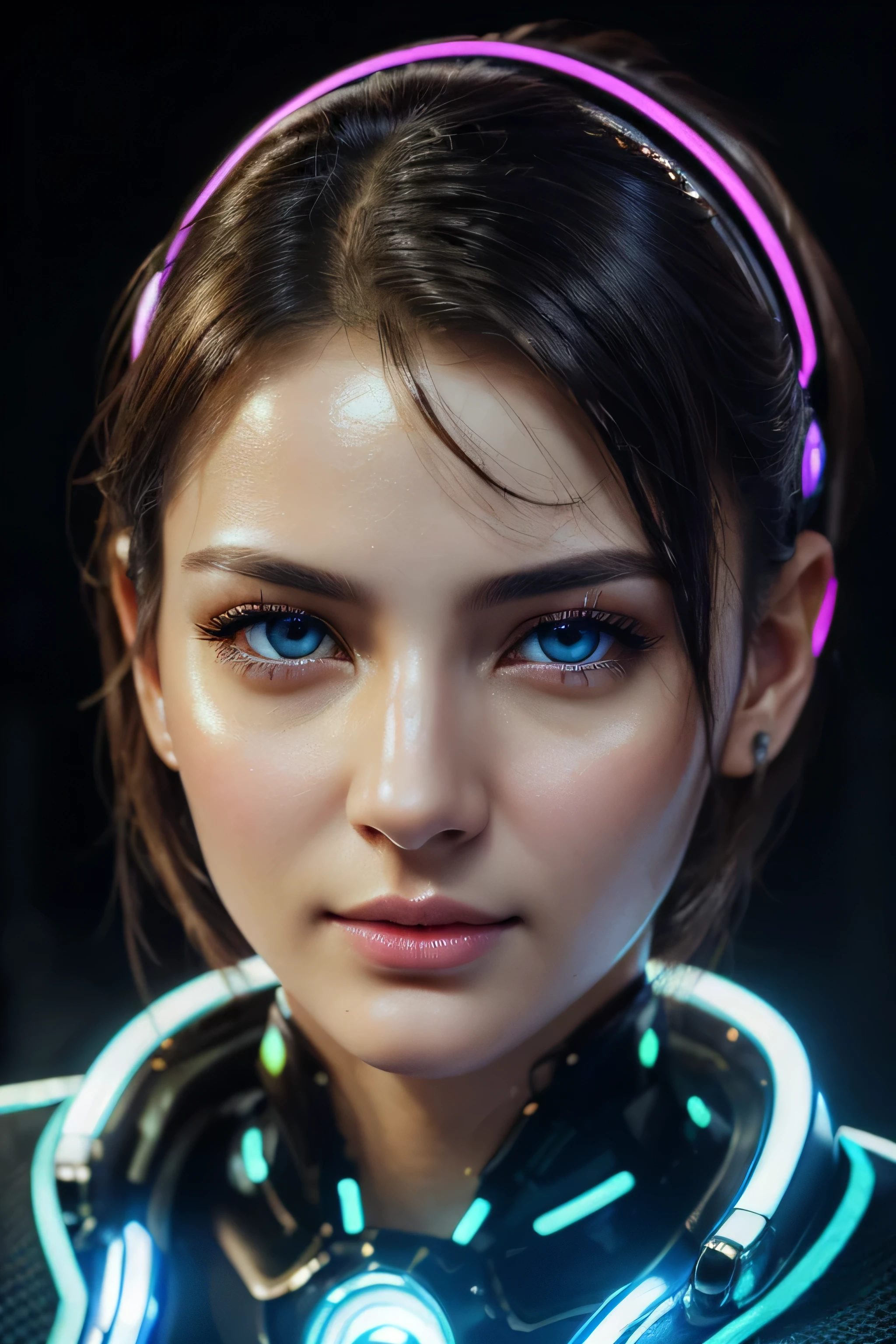 (Best Quality, Masterpiece, Ultra High Definition, High resolution, highly detailed, High Definition Face, clear pictures, HDR:1.5), (20-year-old woman:1.3), (eyes be visually in focus:1.4), (film photography style:1.5), (background neon sign, neon color fashion, gantz suit, cyberpunk beauty:1.5), (Slim Big Breasts, huge Breasts:1.3), short cut hair, (Glossy, highly fine breasts, shiny skin), highly detailed facial and skin texture, (beautiful eyes, light in the eyes, detailed eyes), clean face, white skin, very Fair skin