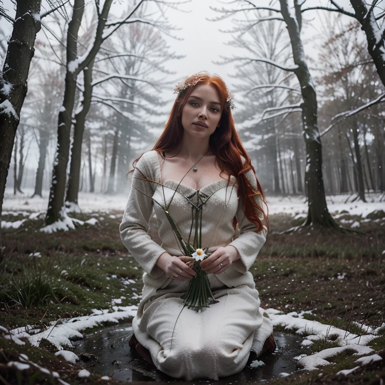 Beautiful firey red haired maiden , in a celtic winter woodland, she embodies the goddess Brigid, snowdrop flowers burst through patches of snow, mist, magical lighting