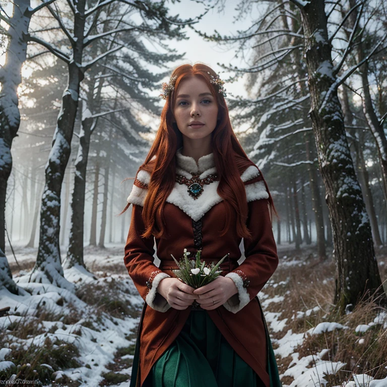 Beautiful firey red haired maiden , in a celtic winter woodland, she embodies the goddess Brigid, snowdrop flowers burst through patches of snow, mist, magical lighting