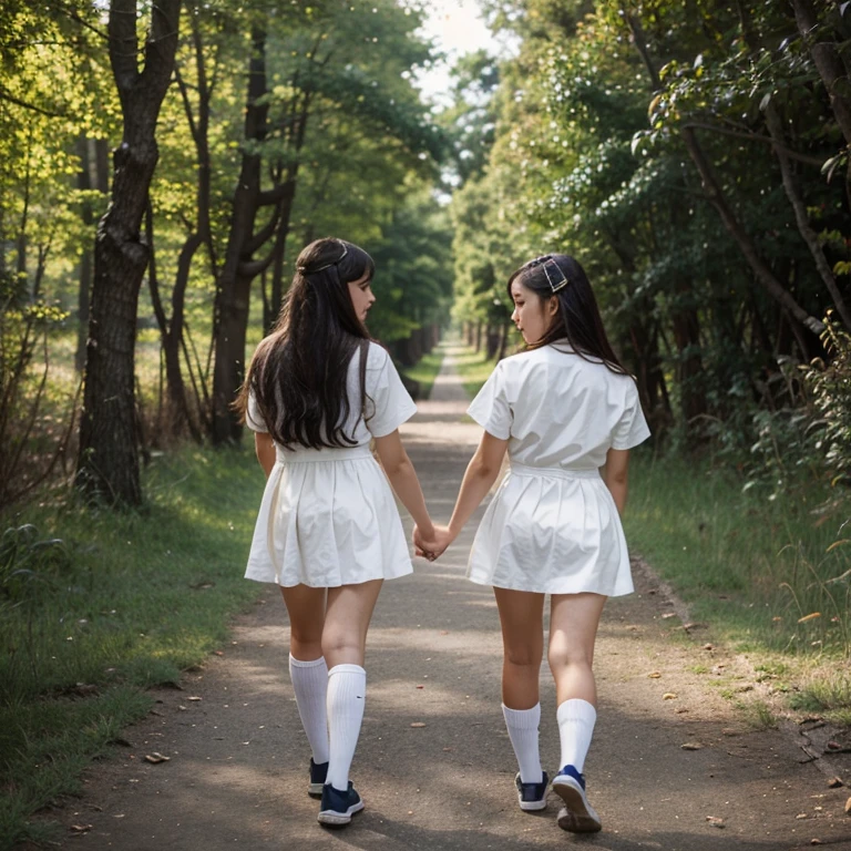 A beautiful 12-year-old girl with Asian features from behind dressed as a schoolgirl with short socks walking through a forest with her little sister 