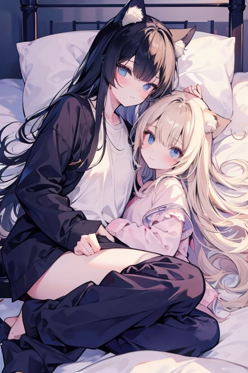 unparalleled beauty,perfect face、bedroom、lie on the bed、(2man,Gay Male Relationships),perfect eyes、blue eye、 Xin Haicheng、animal ears、Animal tail、a blonde and a black hair、nightwear、pajamas、how would it look then'Sleeping、Geikis