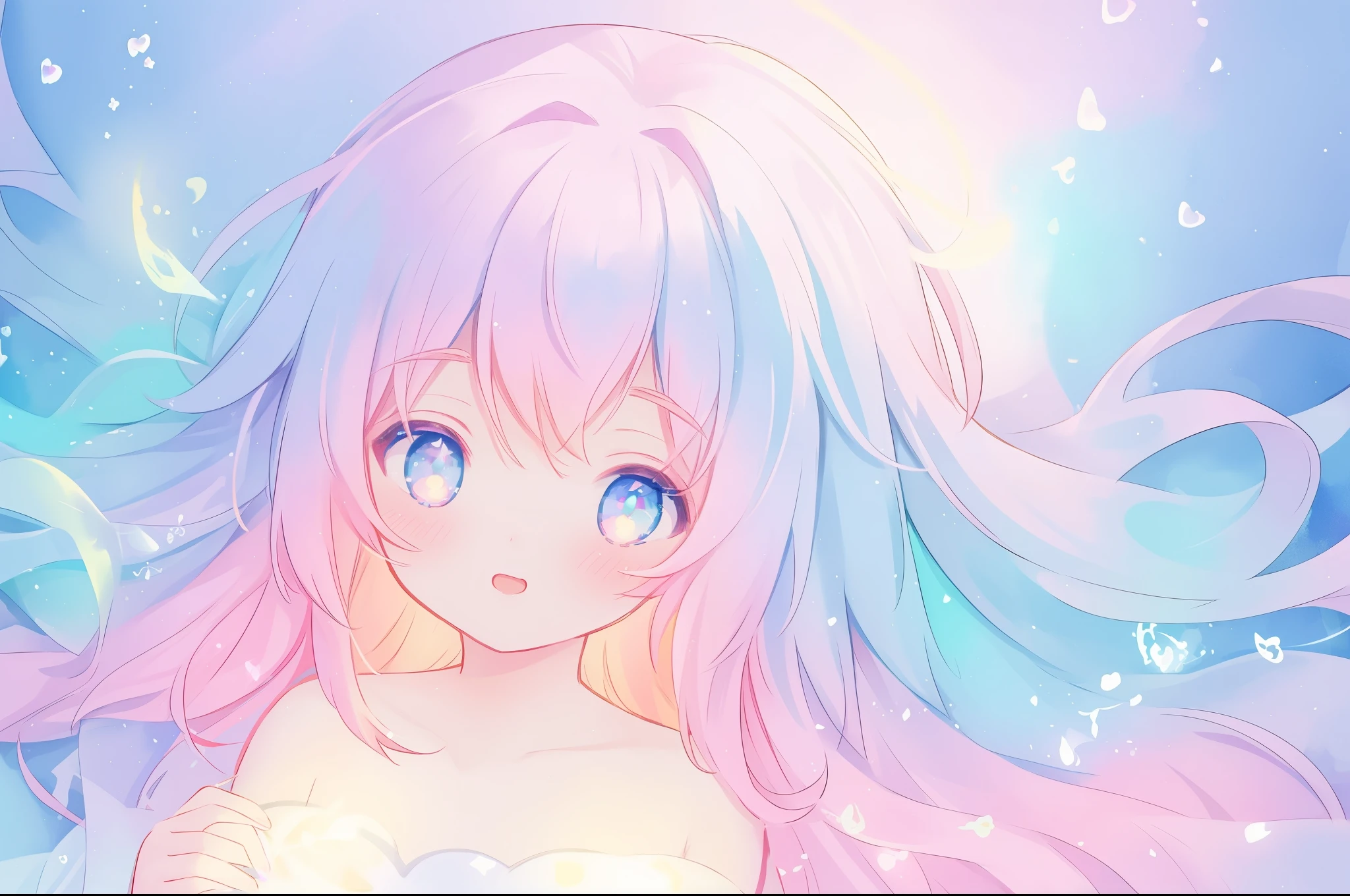 beautiful anime girl, portrait, vibrant pastel colors, (colorful), magical lights, long flowing colorful hair, inspired by Glen Keane, inspired by Lois van Baarle, disney art style, by Lois van Baarle, glowing aura around her, by Glen Keane, jen bartel, glowing lights! digital painting, flowing glowing hair, glowing flowing hair, beautiful digital illustration, fantasia background, whimsical, magical, fantasy, beautiful face, ((masterpiece, best quality)), intricate details, highly detailed, sharp focus, 8k resolution, sparkling detailed eyes, liquid watercolor