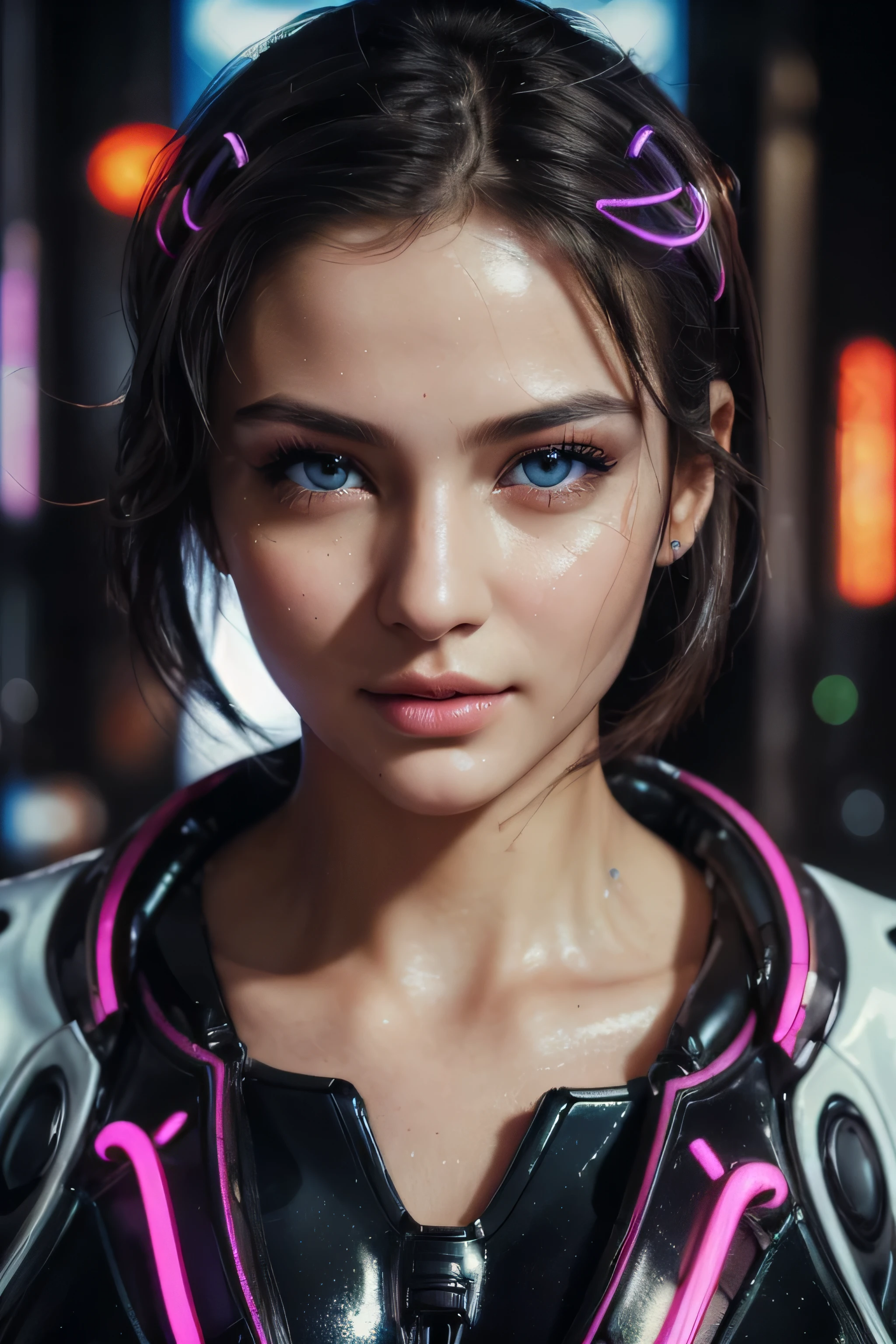 (Best Quality, Masterpiece, Ultra High Definition, High resolution, highly detailed, High Definition Face, clear pictures, HDR:1.5), (20-year-old woman:1.3), (eyes be visually in focus:1.4), (film photography style:1.5), (background neon sign, colorful neon color fashion, gantz suit, cyberpunk beauty:1.5), (Slim Big Breasts, huge Breasts:1.3), short cut hair, (Glossy, highly fine breasts, shiny skin), highly detailed facial and skin texture, (beautiful eyes, light in the eyes, detailed eyes), clean face, white skin, very Fair skin