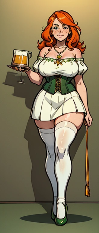 freckles, beautiful, masterpiece, st-patricks day, full body image, cel shaded, black outlines, holding beer jug, hourglass figure, orange hair, plump breasts, plump hips, plump thighs, irish, large eyes, green pupils, curly hair, rounded hair, long hair, orange eyebrows, nose, thick eyelashes, bare shoulders, white 1800's top, golden necklace, white skirt, green corset with yellow string, green waist length coreset extension on sides, white socks, black ballet shoes, eggshell white high socks, white thigh high stockings, freckles, forearm scrunchy