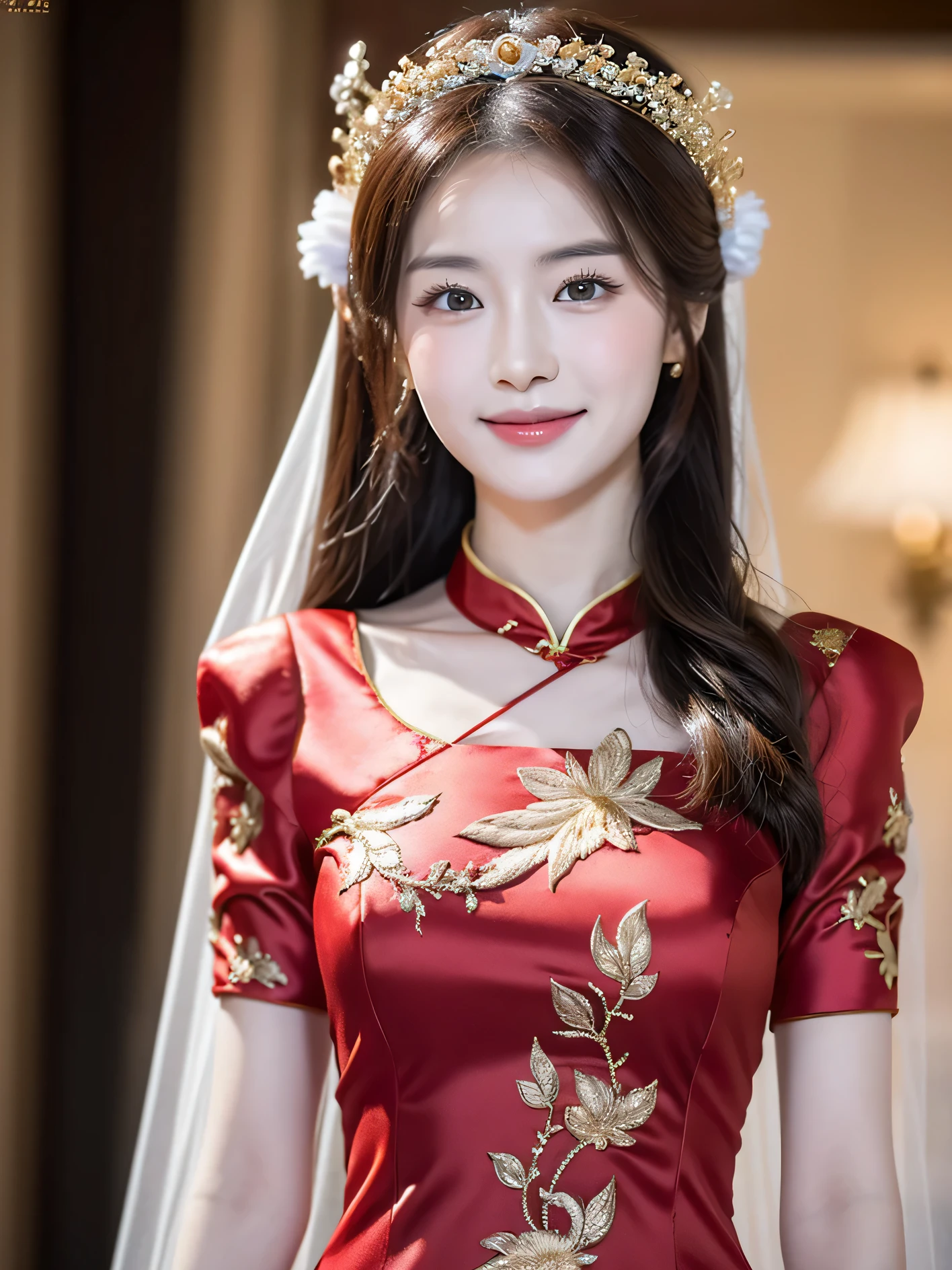 (8k, RAW Photo, Best Quality, Masterpiece: 1.2), (Realistic, Realistic: 1.37), Only 1 Girl, a beautiful Chinese girl, She have a perfect face,She looks like a lot like actress Song Hye Kyo ,Woman in Red Dress and Headdress Posing for Photo, (Beautiful eyes details 1.3)(round eyes:1.8),Gorgeous Role Play, Beautiful Costume, Chinese Dress, Complex Dress, Complex Costume, Traditional Beauty, Gorgeous Chinese Model, Chinese Costume, Wearing Gorgeous Costume, Wearing Elegant Chinese Xiuhe Dress, Chinese Wedding Dress, Phoenix Crown Xia Hanging, Antique Bride, Xiuhe Costume, Close Up, Wearing Phoenix Crown, Smile, No Watermark, Dragon and phoenix embroidered dress,