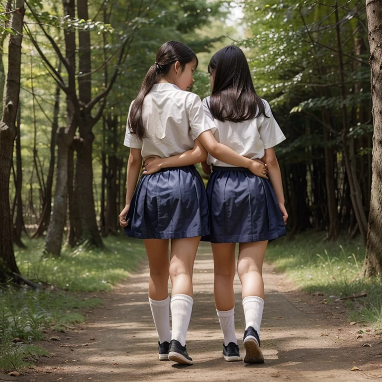 A beautiful -yeld giwith Asian features from behind dressed as a schoolgir short socks walking through a forest with her little sister