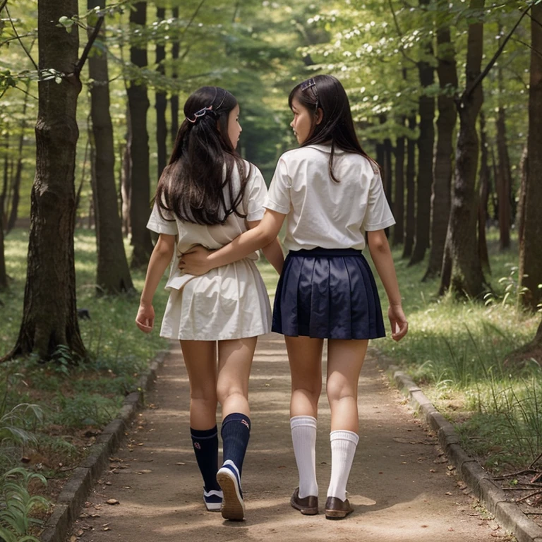 A beautiful -yeld giwith Asian features from behind dressed as a schoolgir short socks walking through a forest with her little sister