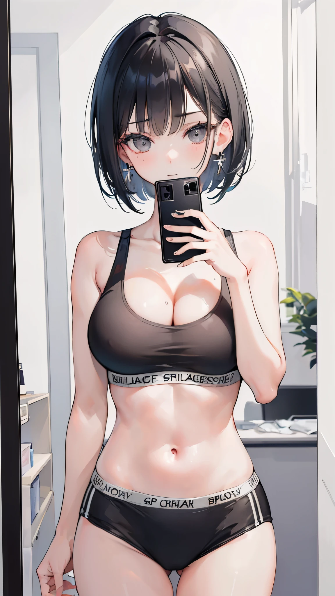 (8K、Highest image quality、highest quality、masterpiece)、detailed face、1 girl、black hair、very short hair、gray eyes、((lots of earrings))、expression、big breasts、((gray sports bra))、((gray sports panties))、cowboy shot、((have a cell phone:1.2))、selfie、mirror、bedroom background