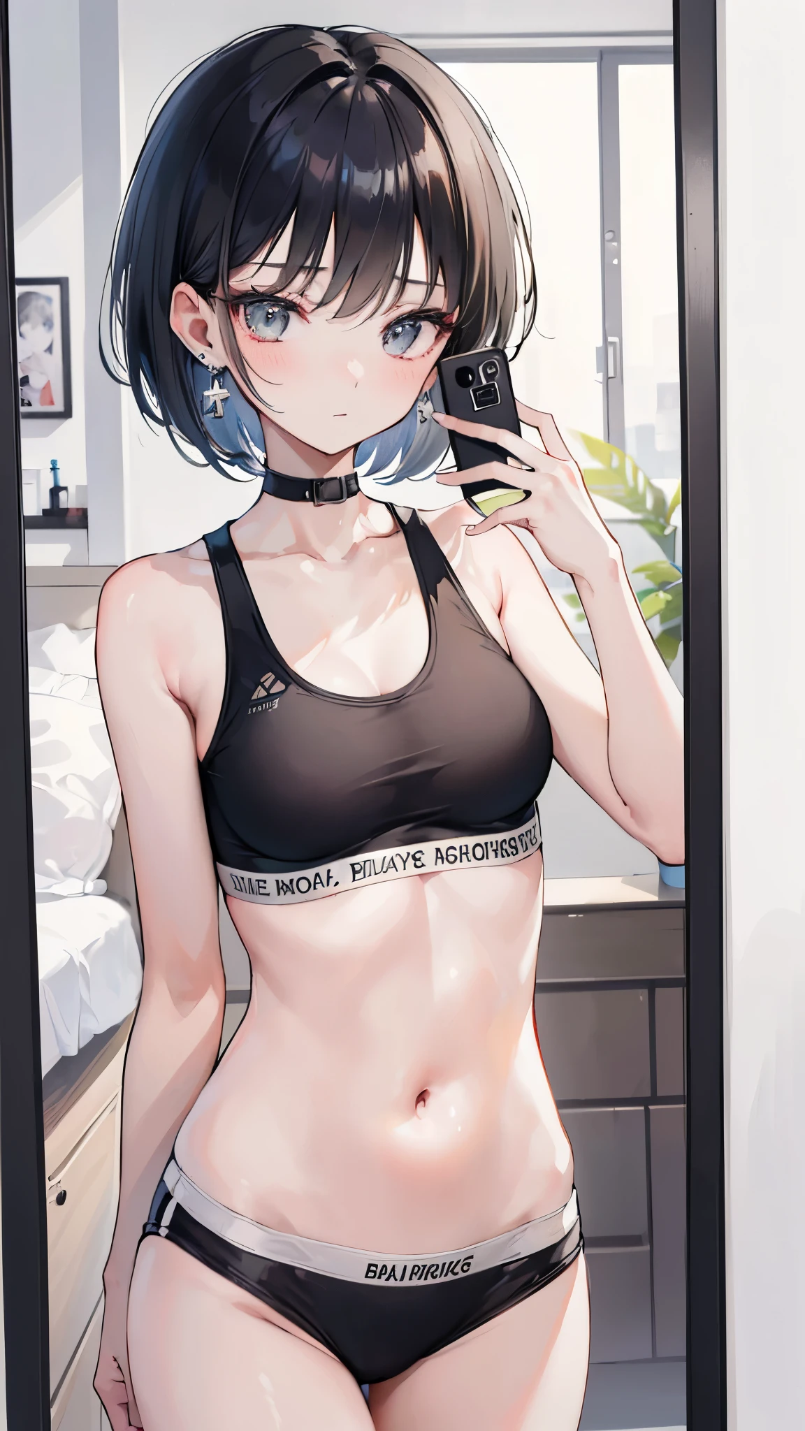 (8K、Highest image quality、highest quality、masterpiece)、detailed face、1 girl、black hair、very short hair、gray eyes、((lots of earrings))、expression、small breasts、gray sports bra、gray sports panties、cowboy shot、((have a cell phone:1.2))、selfie、mirror、bedroom background