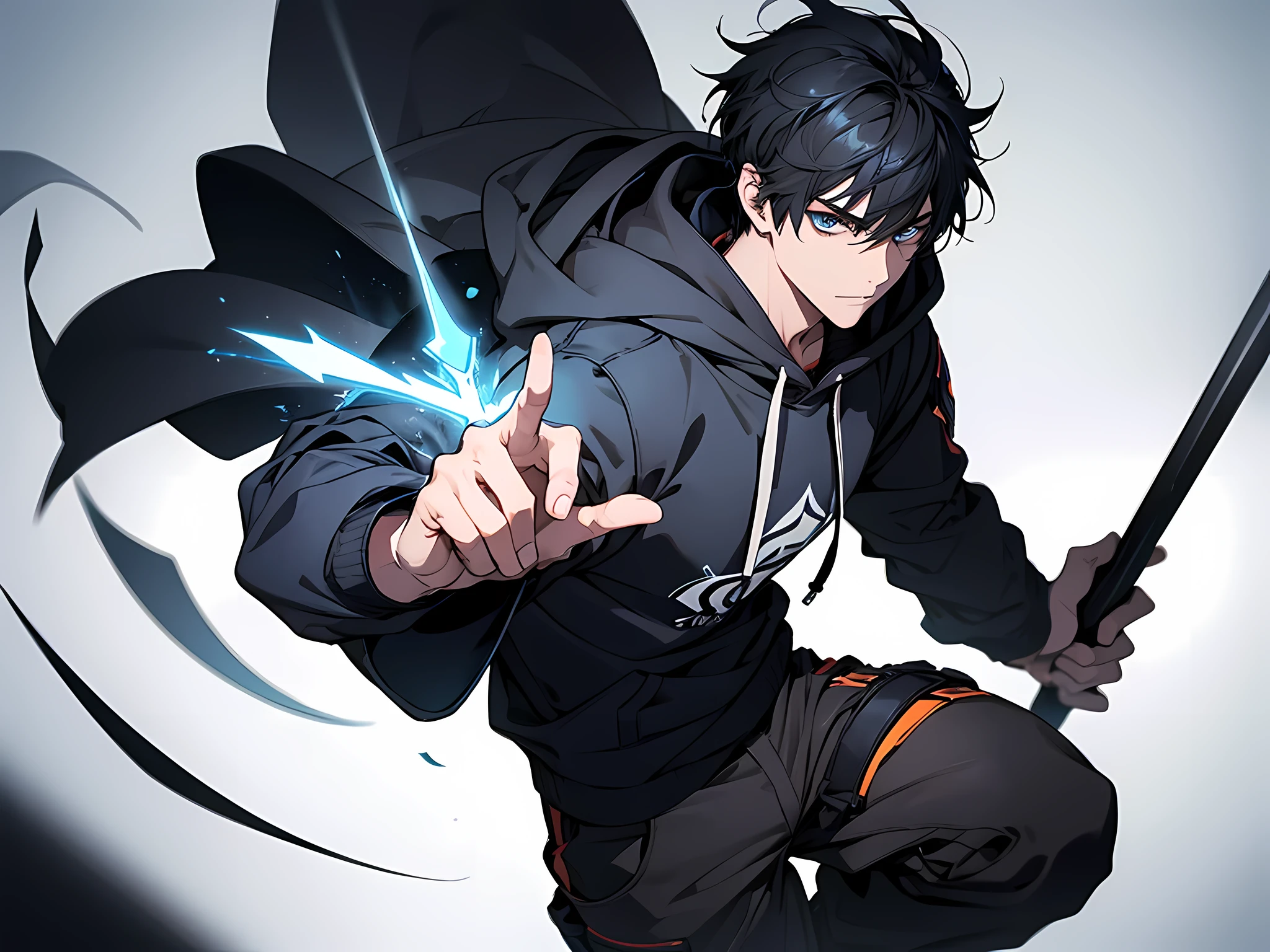 1 man, black hair, short hair, wearing blue hoodie and long pants, holding a spear on his right hand, face to detail, detailed eyes, perfect hands, lancer pose, the background is dungeon, full body illustration