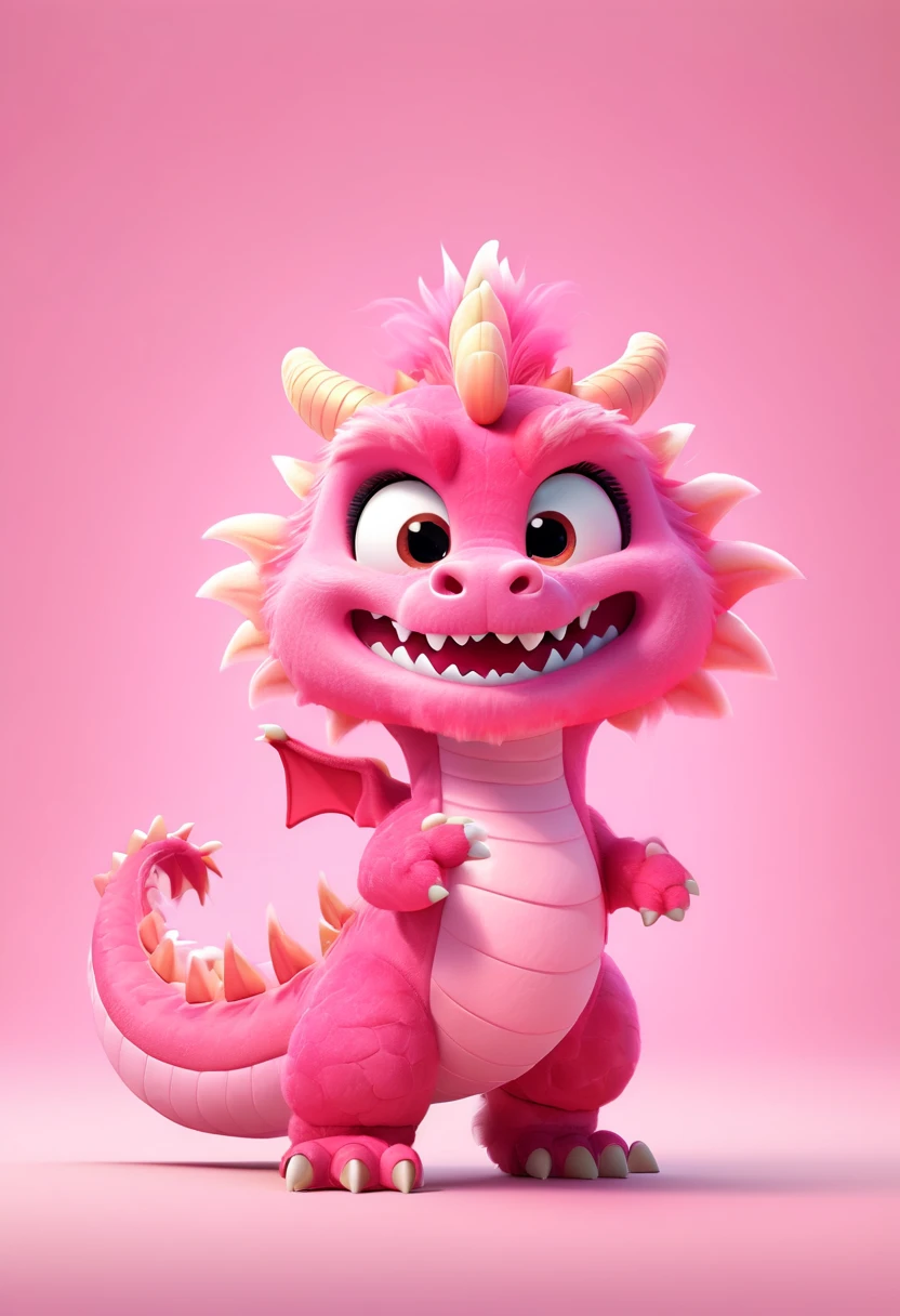 Pixar animation style, a pink red Chinese dragon, made of cotton candy material, with a happy expression. The background of the ID photo is pink, with a half side composition. Standing, the whole body is centered, hard light, strong light sense, c4d, 8k, high-definition quality 