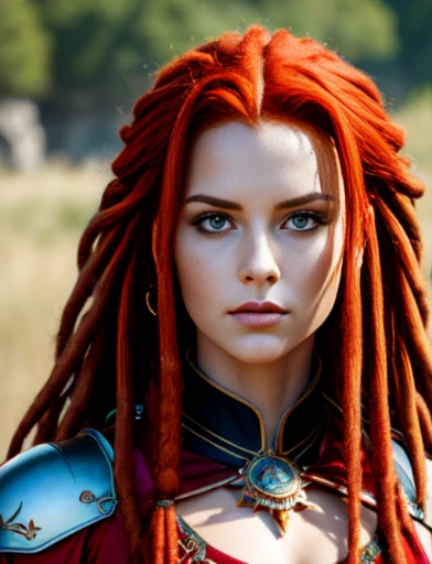 ((masterpiece)), ((cowboy shot)), ((character creation): 1.0), hyper-detailed, hyperrealistic, beautiful woman, her name is "Vendetta". red-haired woman, ((red hair)), (long hair with dreads, long dreads, head of dreads), ((red hair): 1.0), with expressive brown eyes, delicate upturned nose, softly outlined lips, well-defined eyebrows and red hair falling in soft waves over her shoulders. Highlight the radiant and friendly facial expression, providing a unique and captivating look. ((masterpiece)), ((cowboy shot)), ((character creation): 1.0), hyper-detailed, hyperrealistic, beautiful woman, her name is "Vendetta". red-haired woman, ((red hair)), (long hair with dreads, long dreads, head of dreads), ((red hair): 1.0), with expressive brown eyes, delicate upturned nose, softly outlined lips, well-defined eyebrows and red hair falling in soft waves over her shoulders. Highlight the radiant and friendly facial expression, providing a unique and captivating look. Vendetta wears elegant and tough armor, consisting of golden plates intertwined with red accents, reflecting her bravery and passion. Her helmet, adorned with red feathers, frames her face, highlighting her determination. She carries a sharp-bladed sword, ornamented with ancient runes, and a flowing red cape that adds a touch of majesty to her warrior bearing."