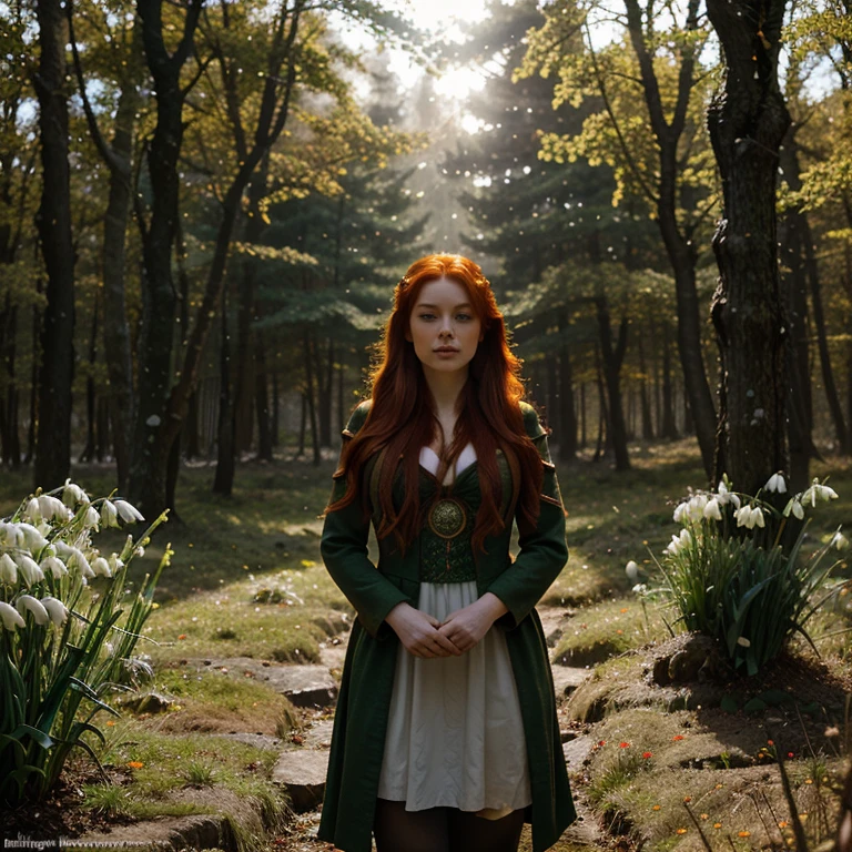 Beautiful firey red haired maiden , in a celtic winter woodland, she embodies the goddess Brigid, snowdrop flowers burst through patches of dnow, mist, magical lighting