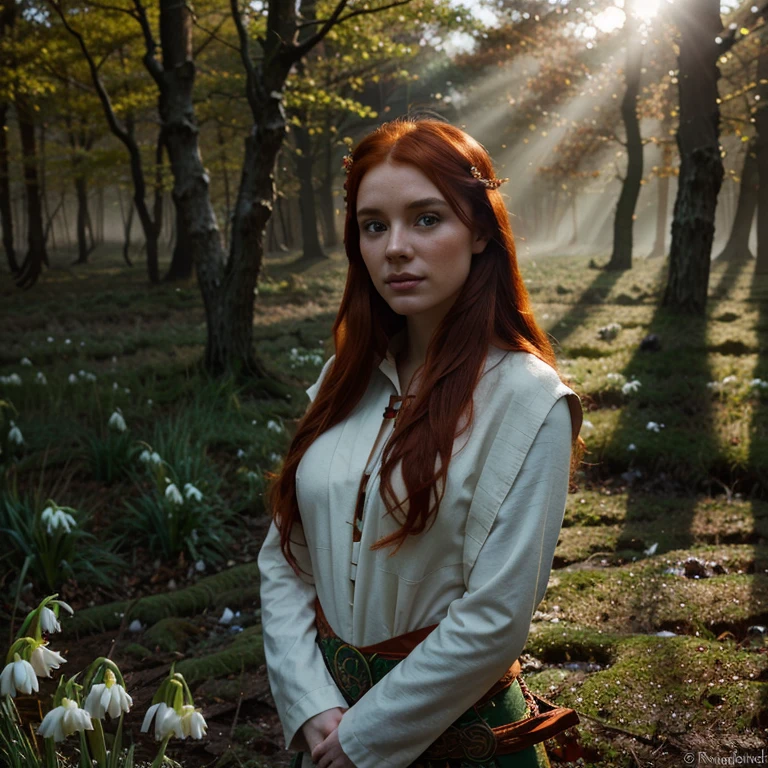 Beautiful firey red haired maiden , in a celtic winter woodland, she embodies the goddess Brigid, snowdrop flowers burst through patches of dnow, mist, magical lighting