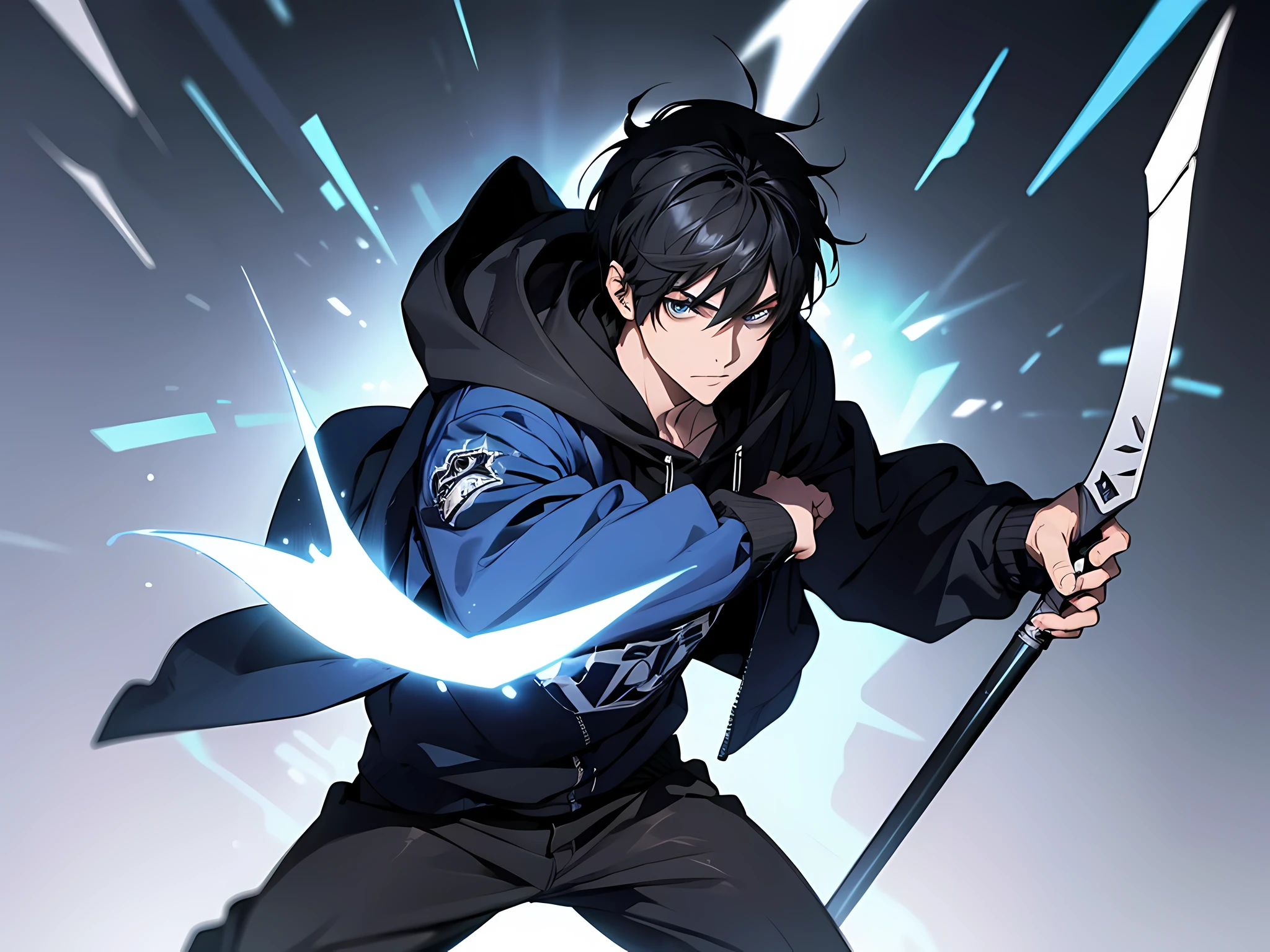 1 man, black hair, short hair, wearing blue hoodie and long pants, holding a spear on his right hand, face to detail, detailed eyes, perfect hands, lancer pose, the background is dungeon, full body illustration