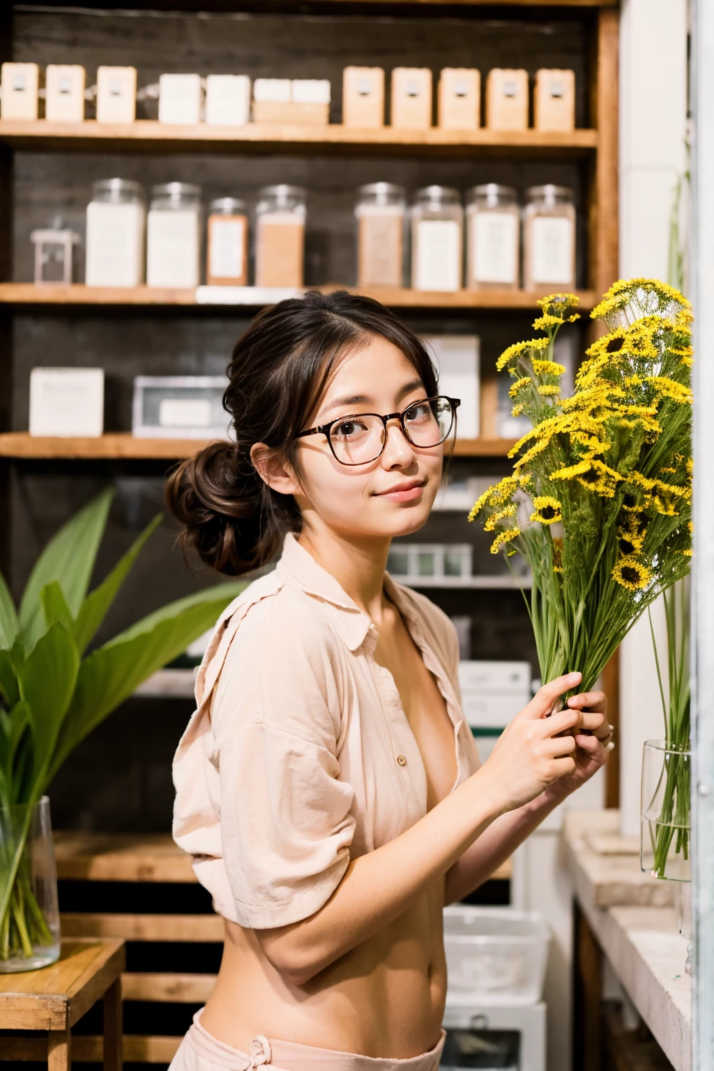 Japanese beautiful girl、Completely naked、Flower shop clerk、24-years-old、Put on your shirt、Hair Ties Up、Glasses、