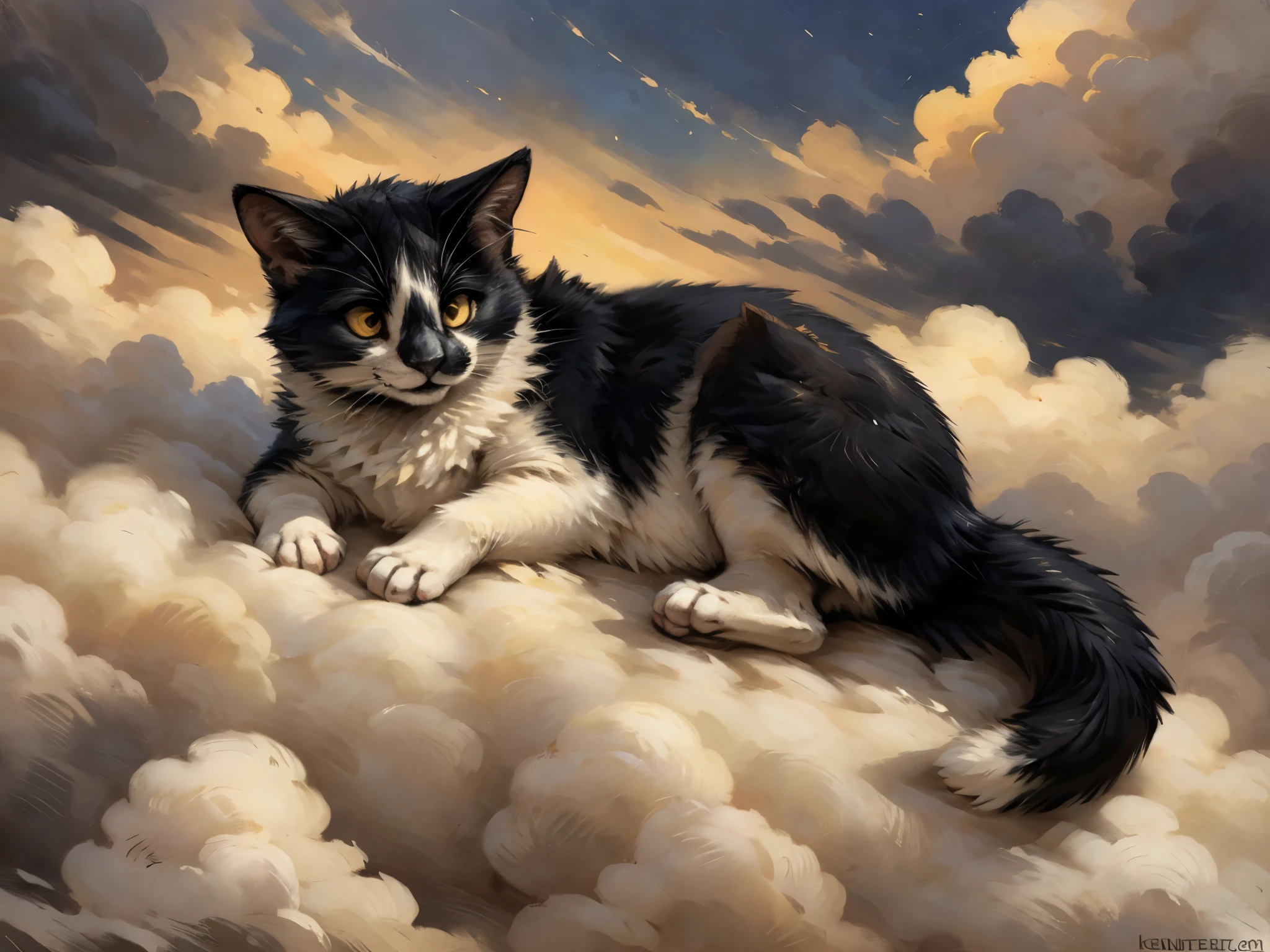 Solo, By kenket, Leo, a black and white cat, chonky, yellow eyes, feral, cute, lying down, on a cloud, floating in the sky, looking happy, content, in heaven